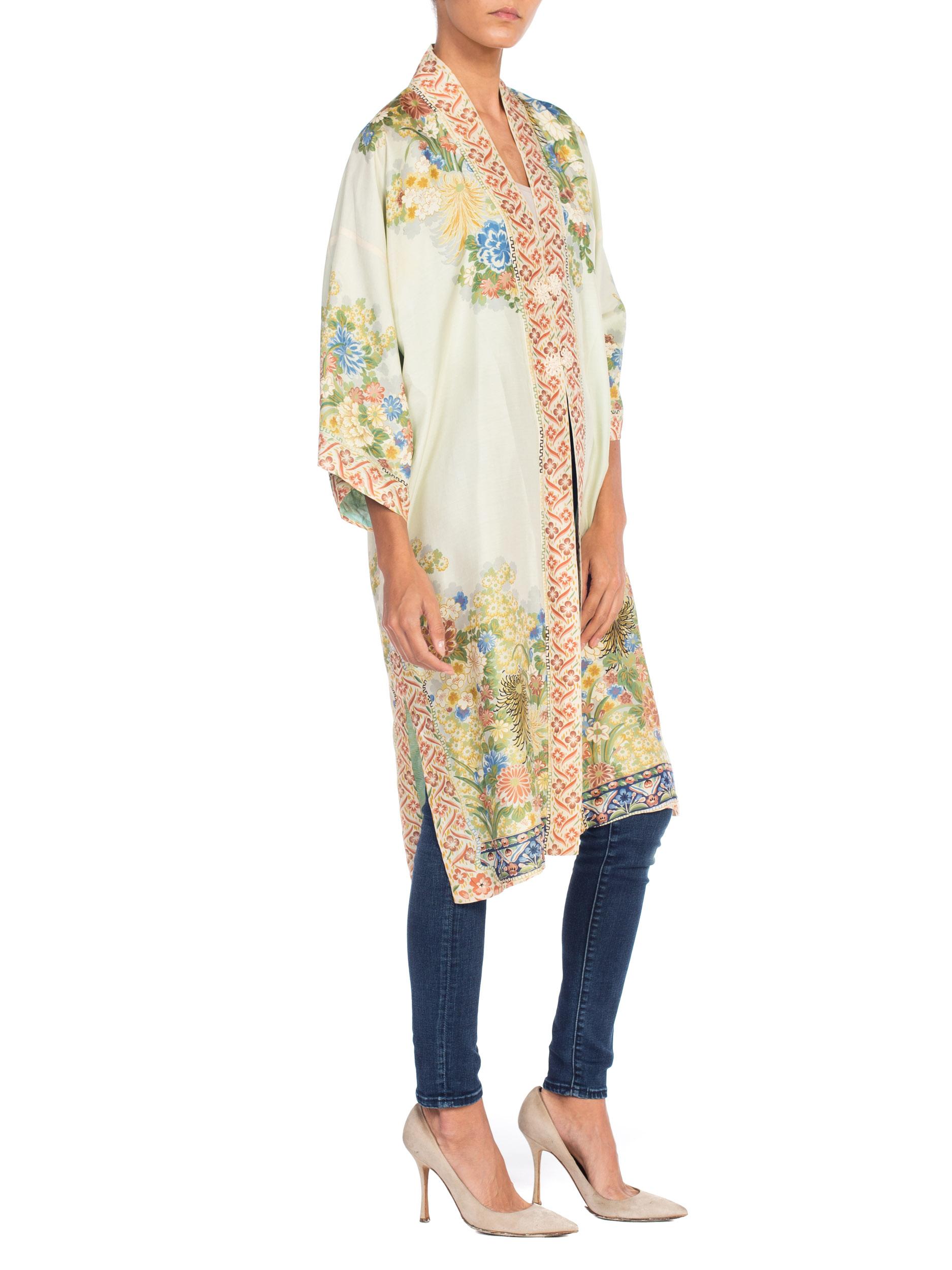 Hand Printed Silk Kimono with Floral Flower Frog Closure 1