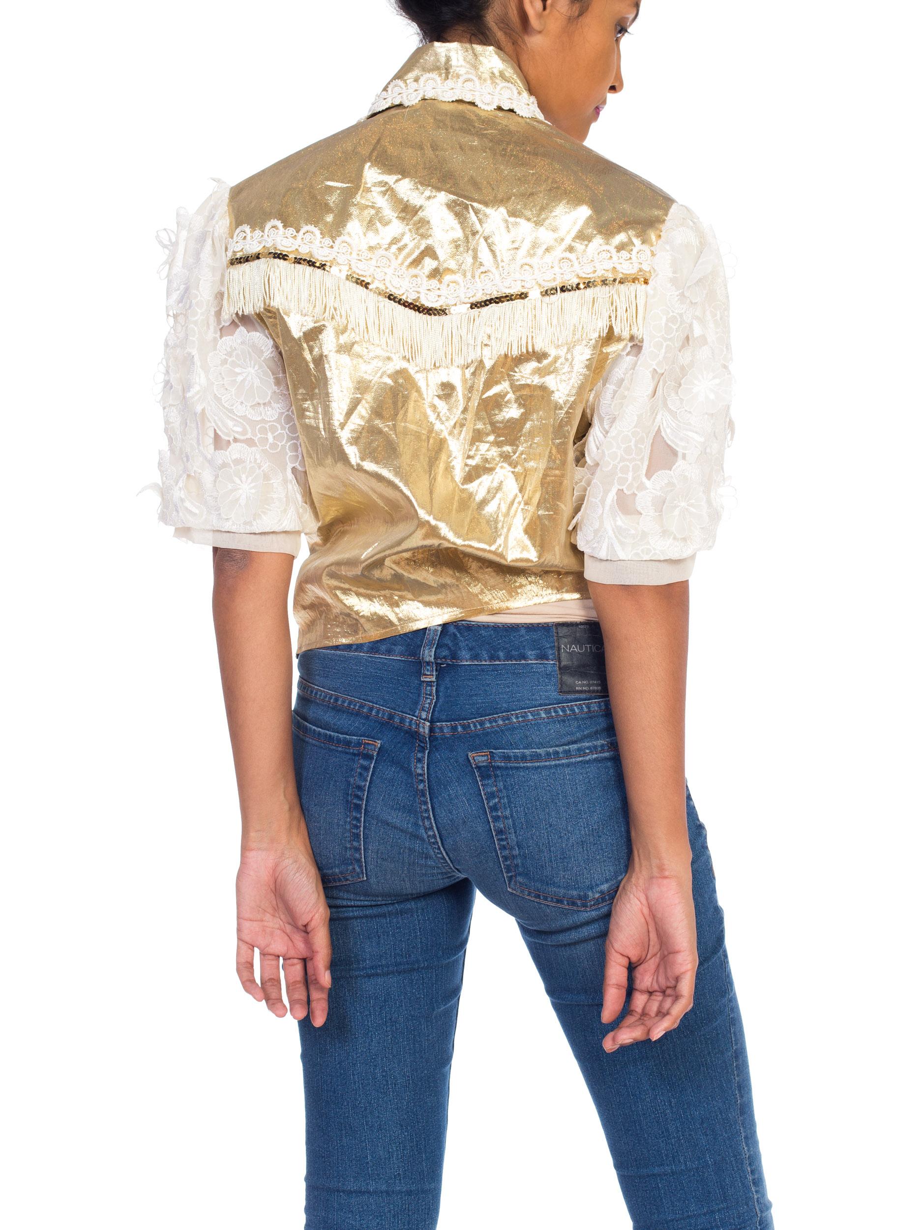 Gold Lamé & Lace Western Top with Fringe In Good Condition In New York, NY