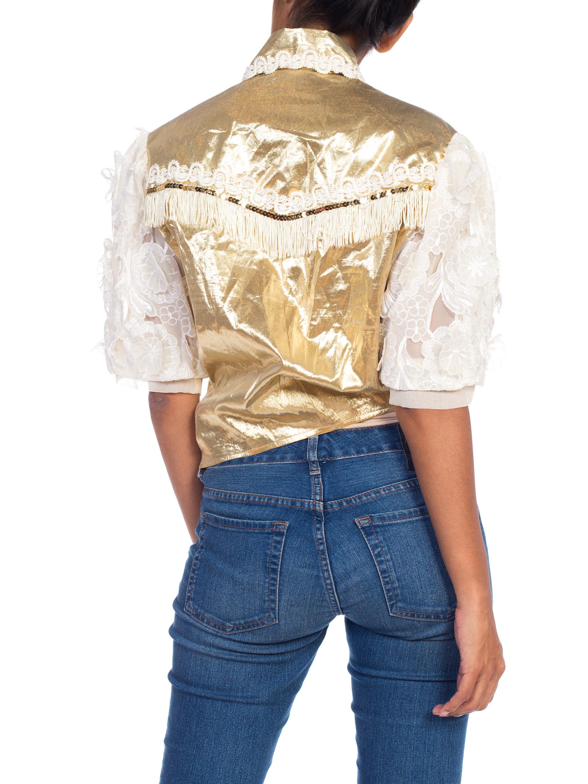 Women's Gold Lamé & Lace Western Top with Fringe