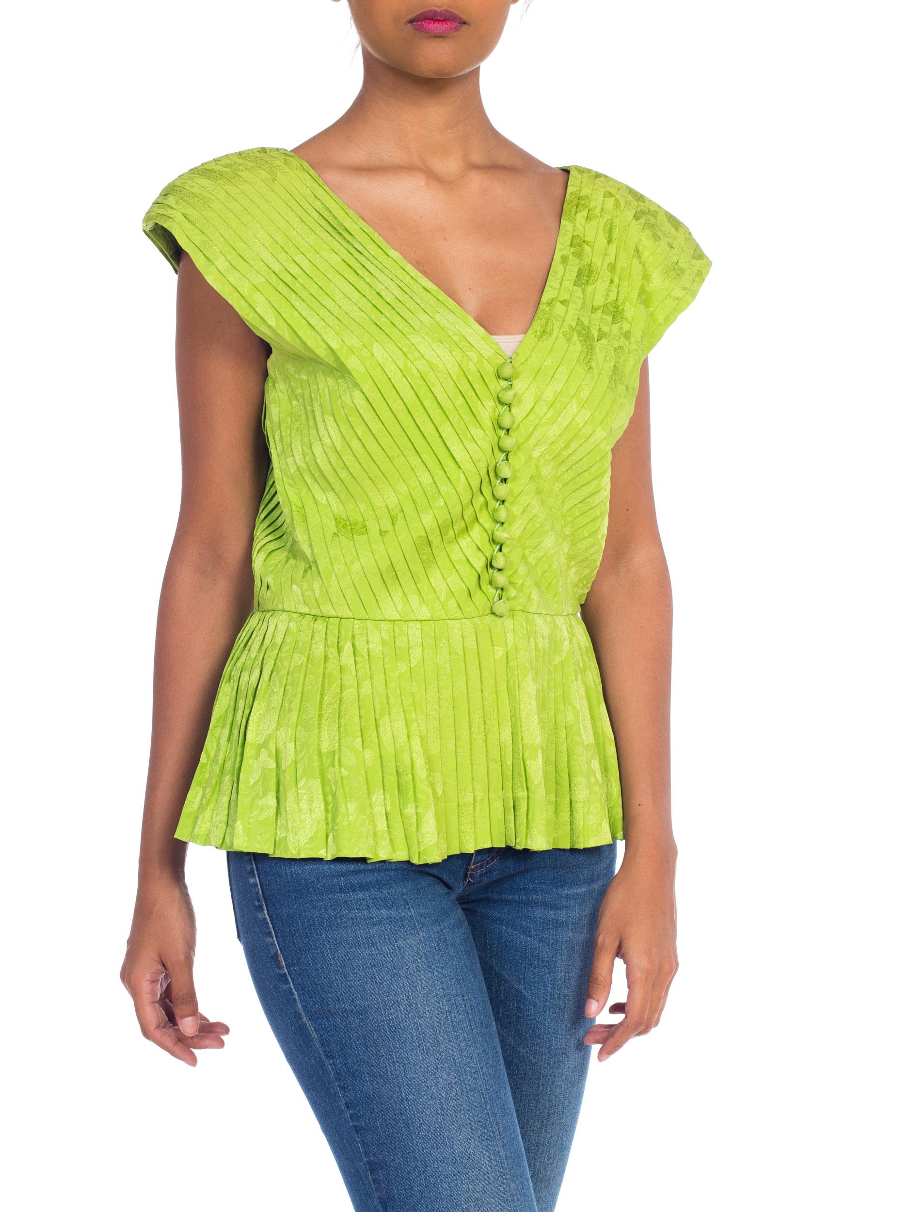 1980S LANVIN Lime Green Haute Couture Silk Jaquard Pleated Top With Shoulder Pads
