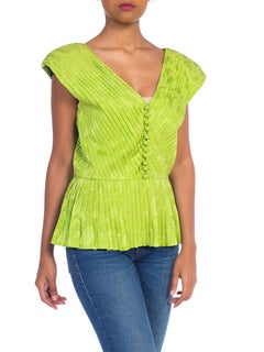 1980S LANVIN Lime Green Haute Couture Silk Jaquard Pleated Top With Shoulder Pa