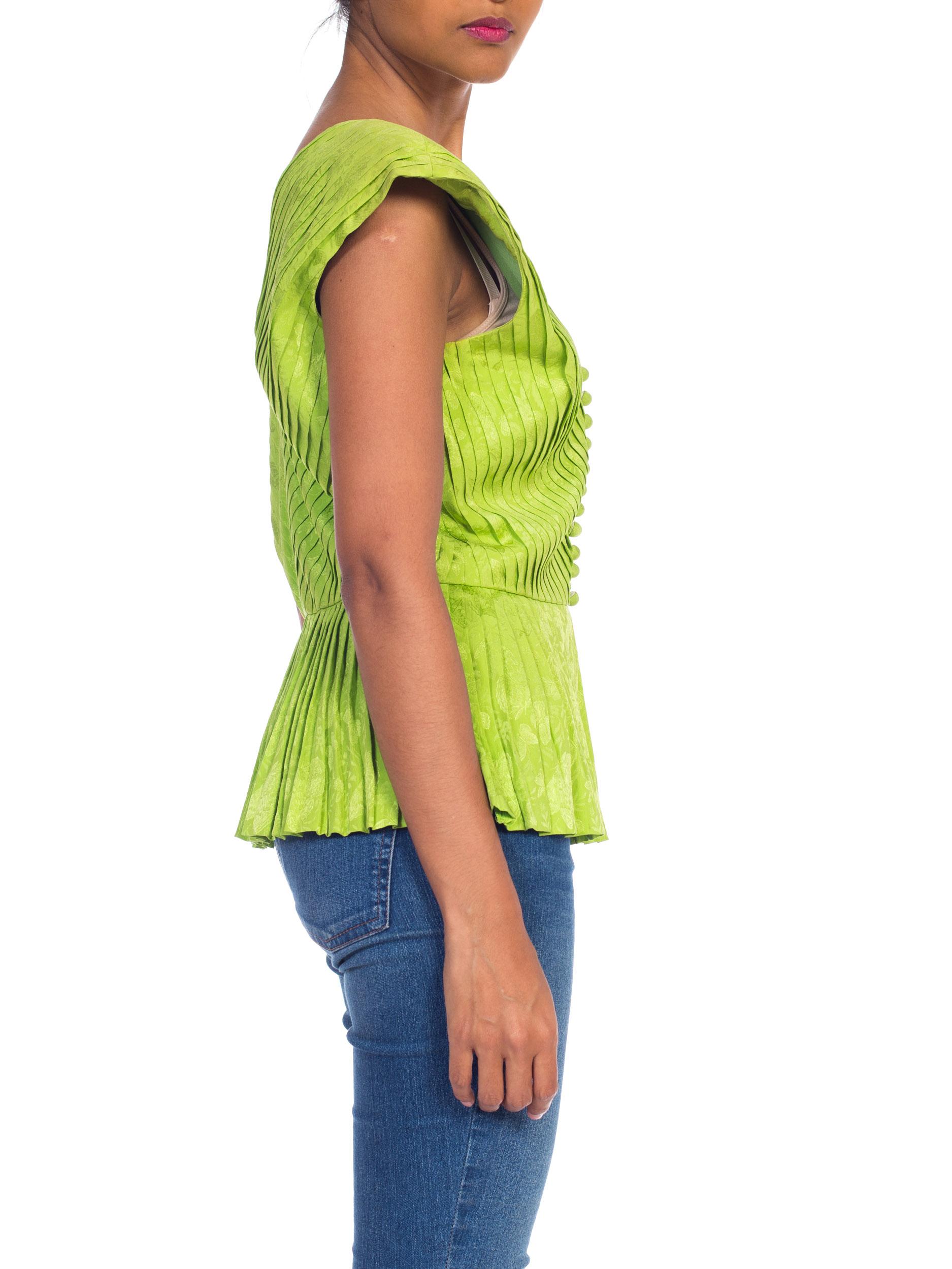 Yellow 1980S LANVIN Lime Green Haute Couture Silk Jaquard Pleated Top With Shoulder Pa