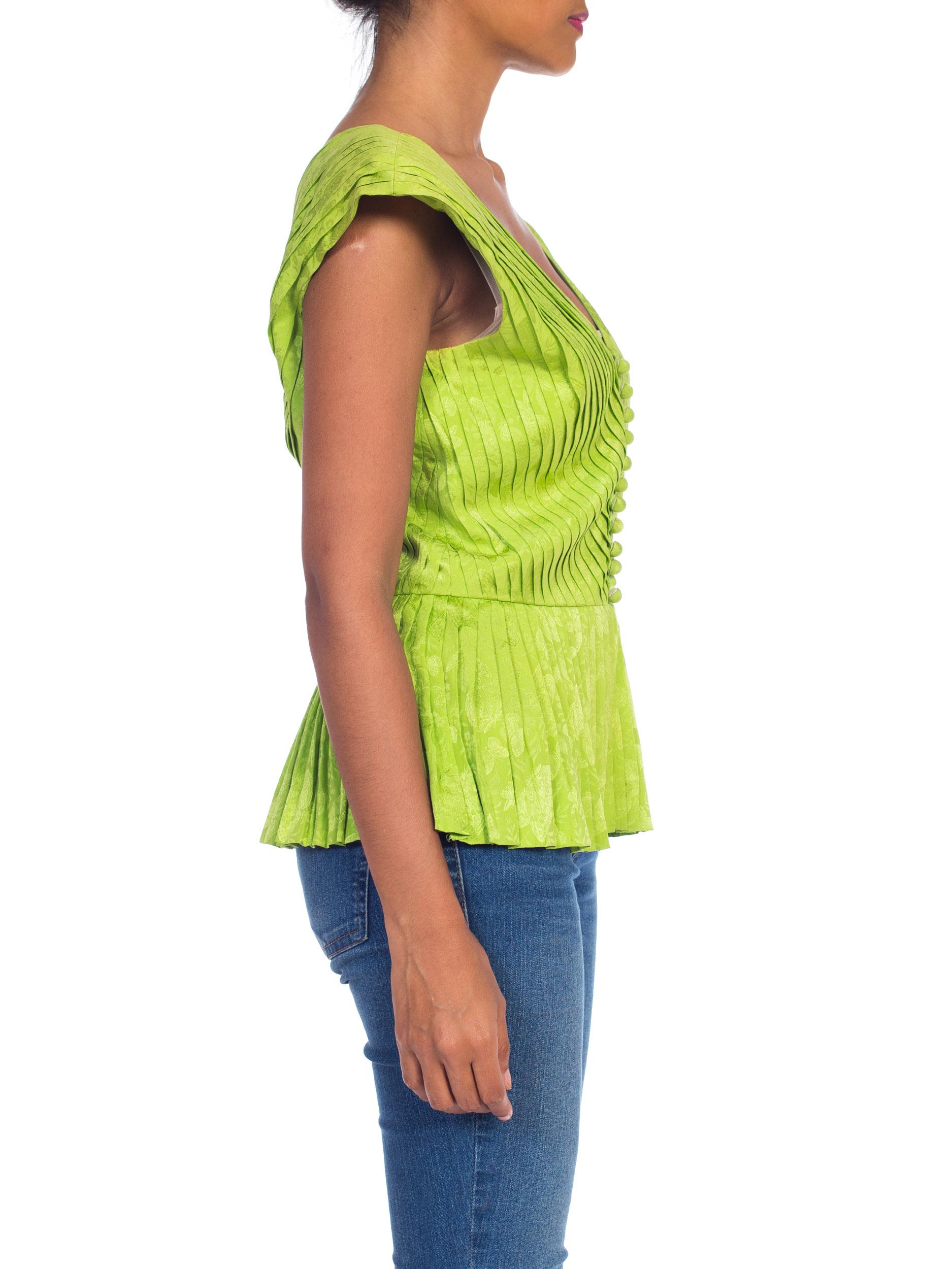 1980S LANVIN Lime Green Haute Couture Silk Jaquard Pleated Top With Shoulder Pa In Excellent Condition In New York, NY