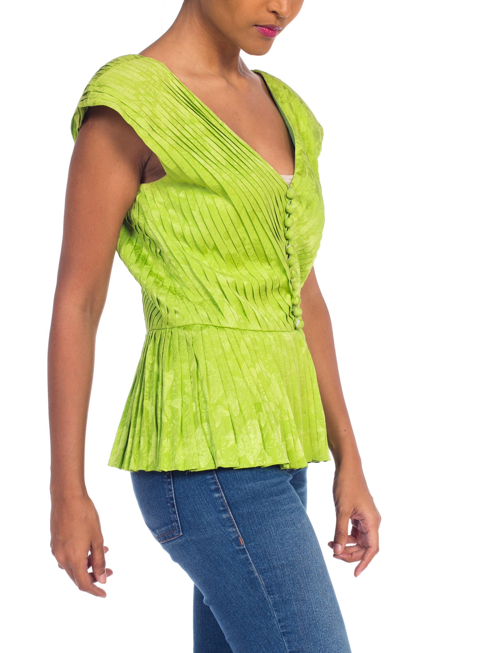 Women's 1980S LANVIN Lime Green Haute Couture Silk Jaquard Pleated Top With Shoulder Pa