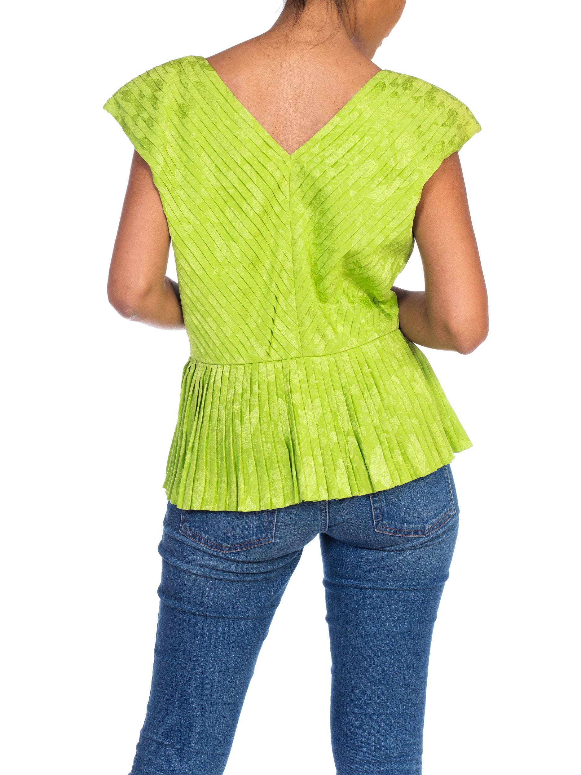 1980S LANVIN Lime Green Haute Couture Silk Jaquard Pleated Top With Shoulder Pa 1