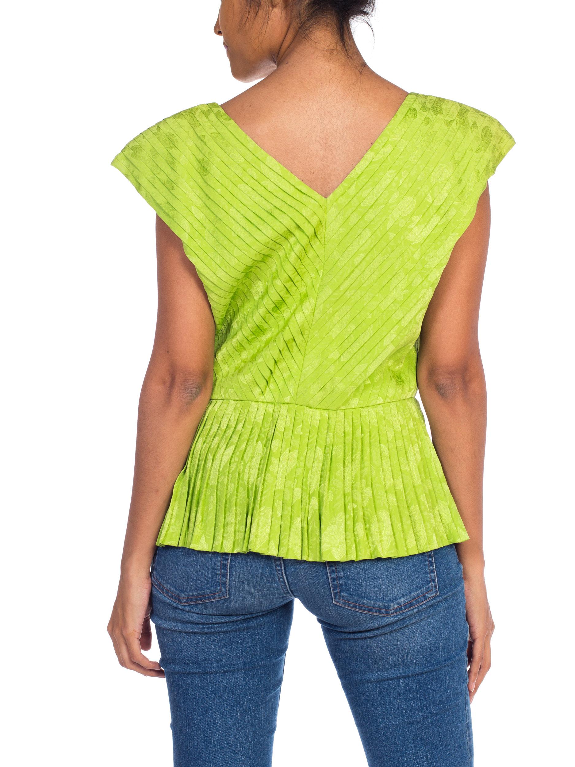 1980S LANVIN Lime Green Haute Couture Silk Jaquard Pleated Top With Shoulder Pa 2