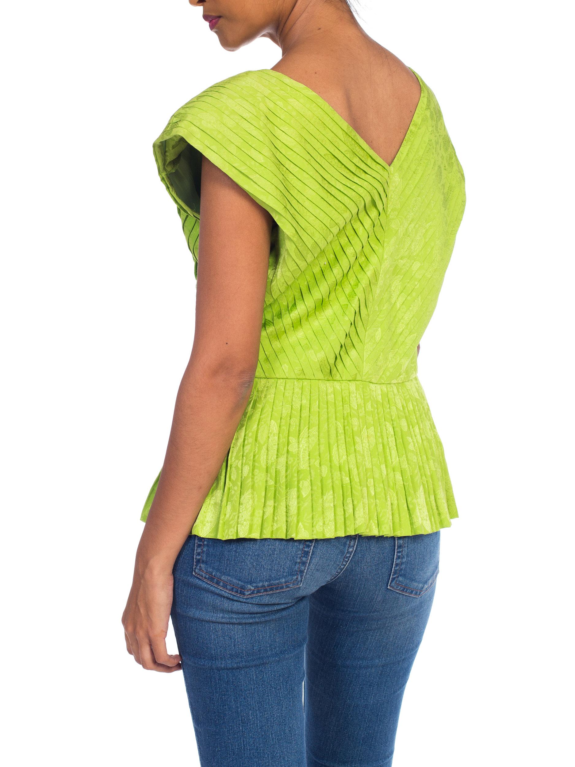 1980S LANVIN Lime Green Haute Couture Silk Jaquard Pleated Top With Shoulder Pa 3