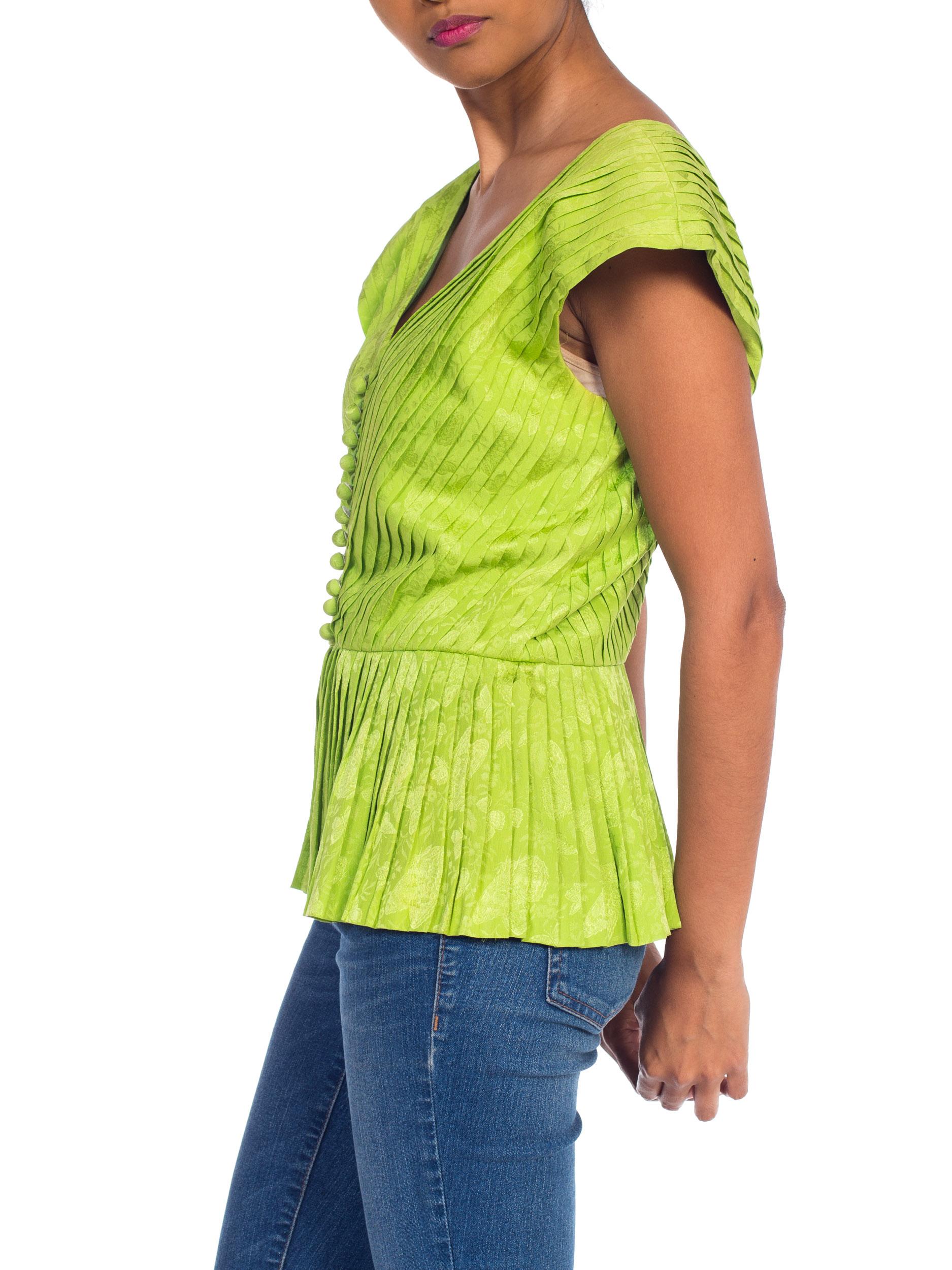 1980S LANVIN Lime Green Haute Couture Silk Jaquard Pleated Top With Shoulder Pa 4