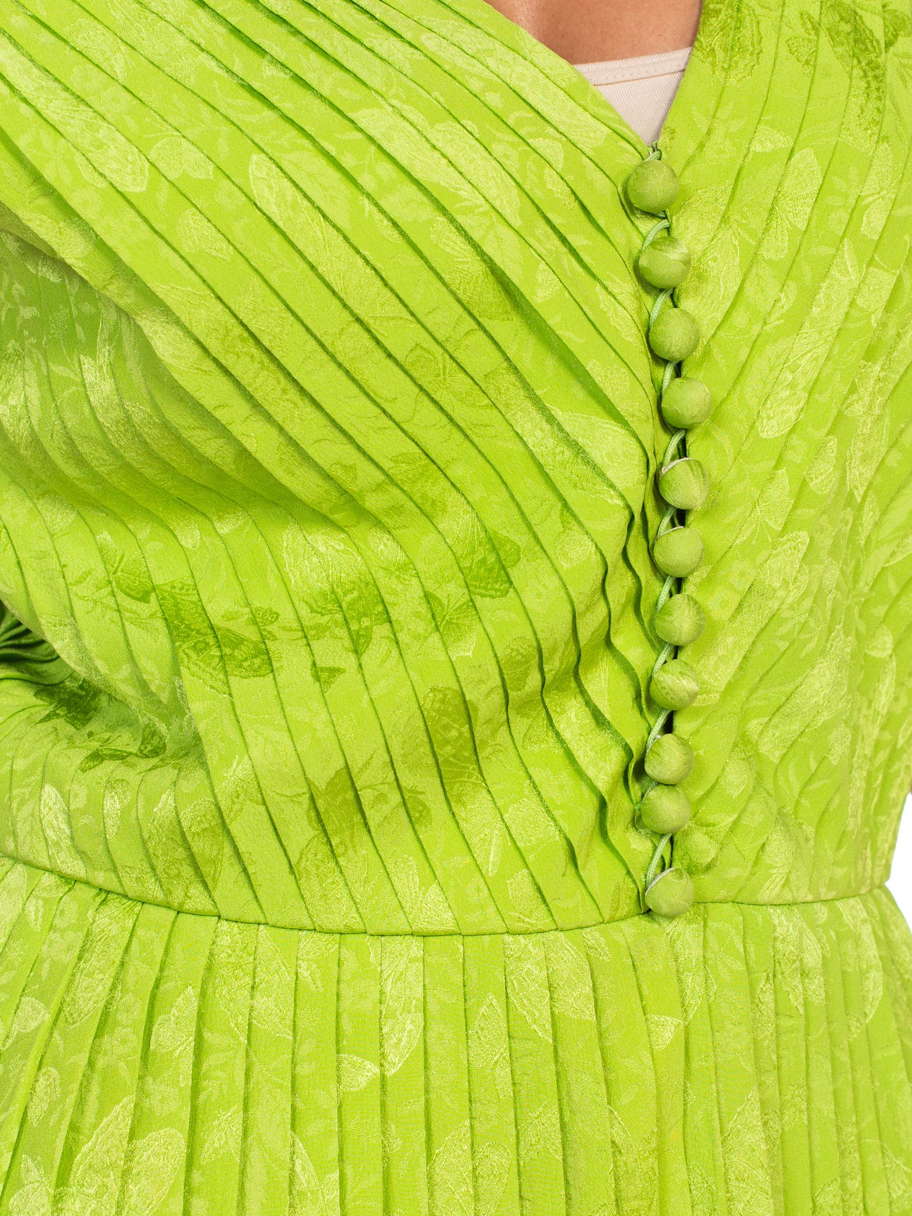 1980S LANVIN Lime Green Haute Couture Silk Jaquard Pleated Top With Shoulder Pa 6