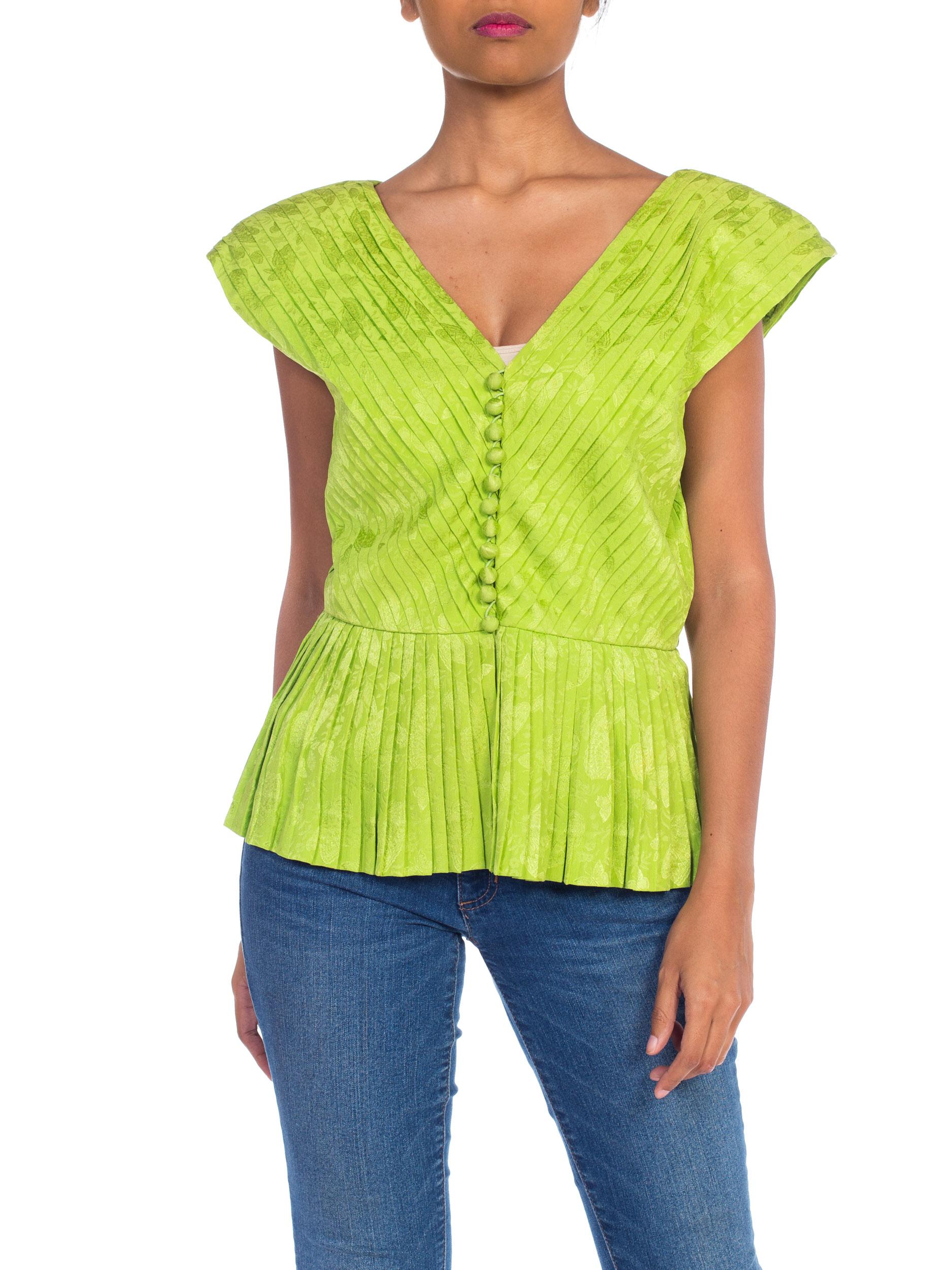 1980S LANVIN Lime Green Haute Couture Silk Jaquard Pleated Top With Shoulder Pa 8