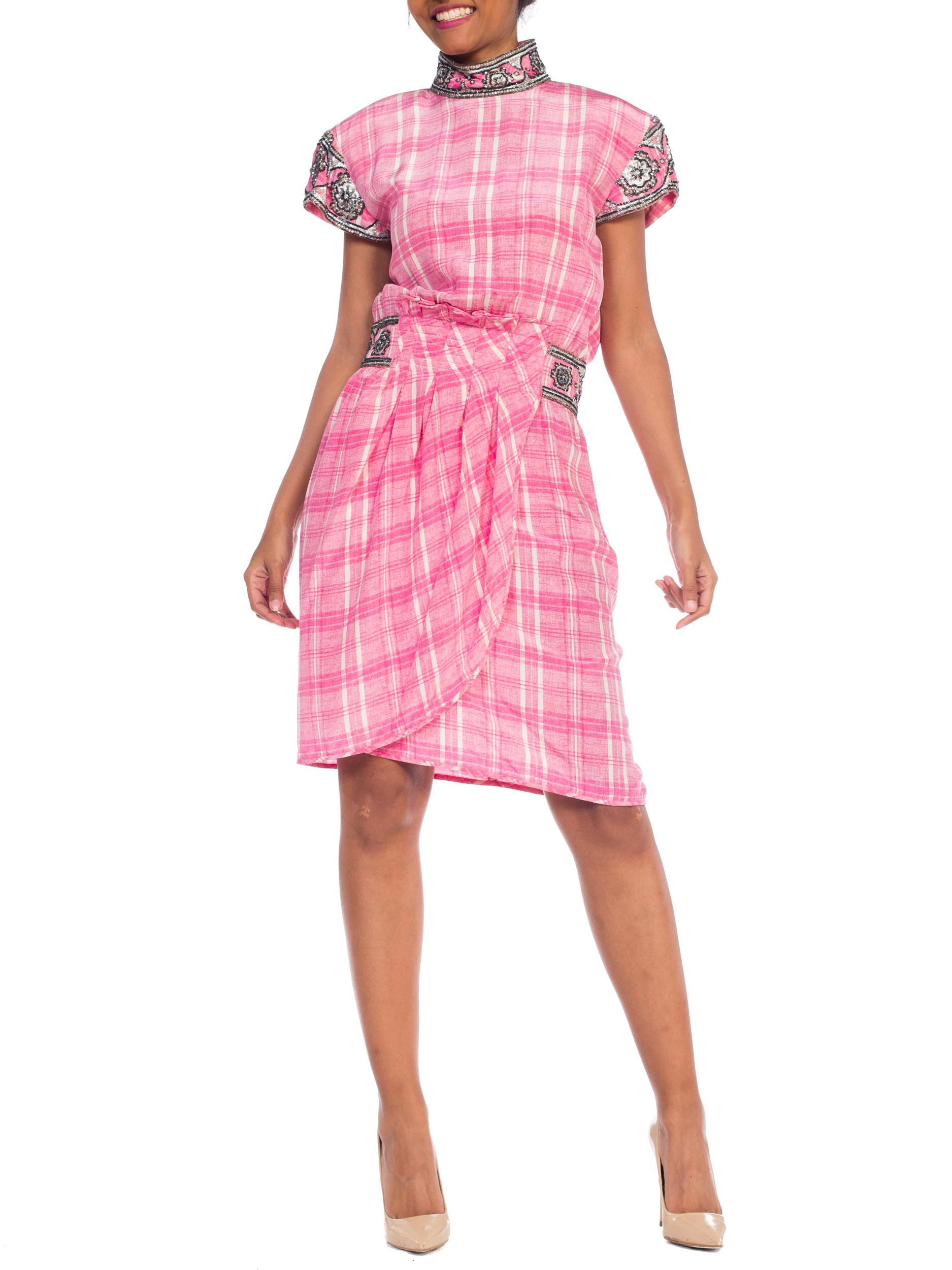 1980s Pink Plaid Silk Valentino Cocktail Dress With Crystals & Beading  10