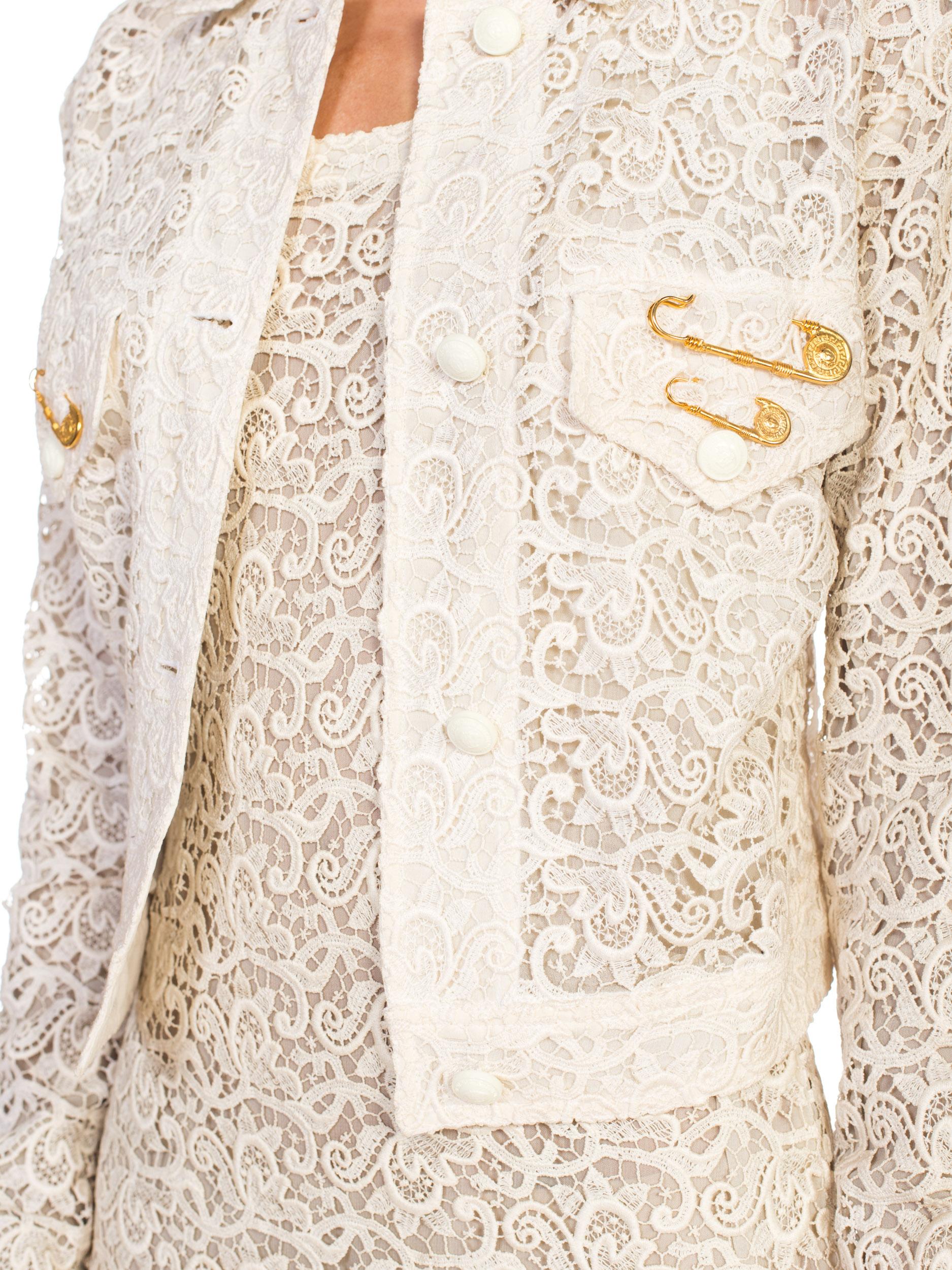 Sexy 1990s Gianni Versace Punk Safety Pin Collection Cream Lace Dress & Jacket 9