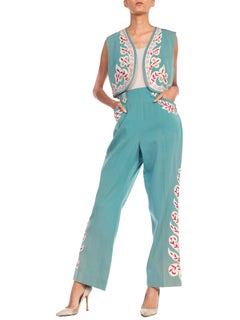 1940S Teal Wool Blend Embroidered Western Vest & Pants Ensemble