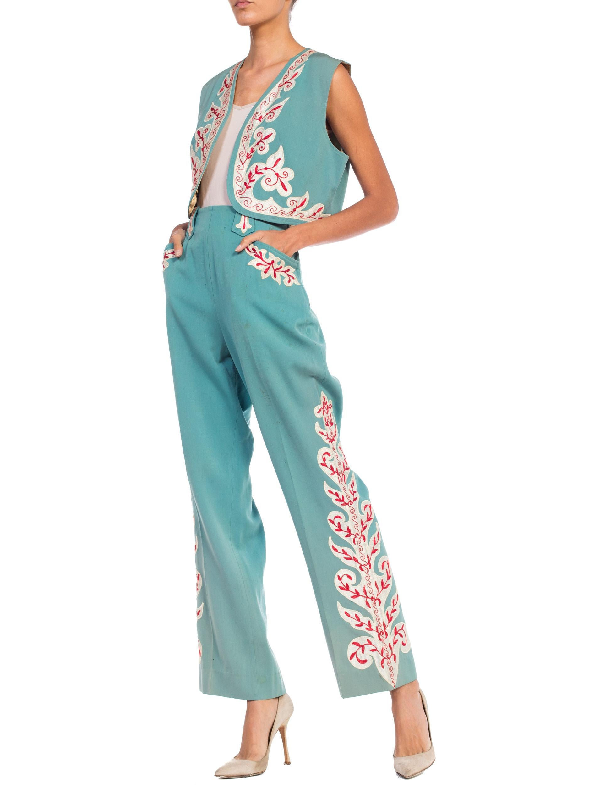 Blue 1940S Teal Wool Blend Embroidered Western Vest & Pants Ensemble