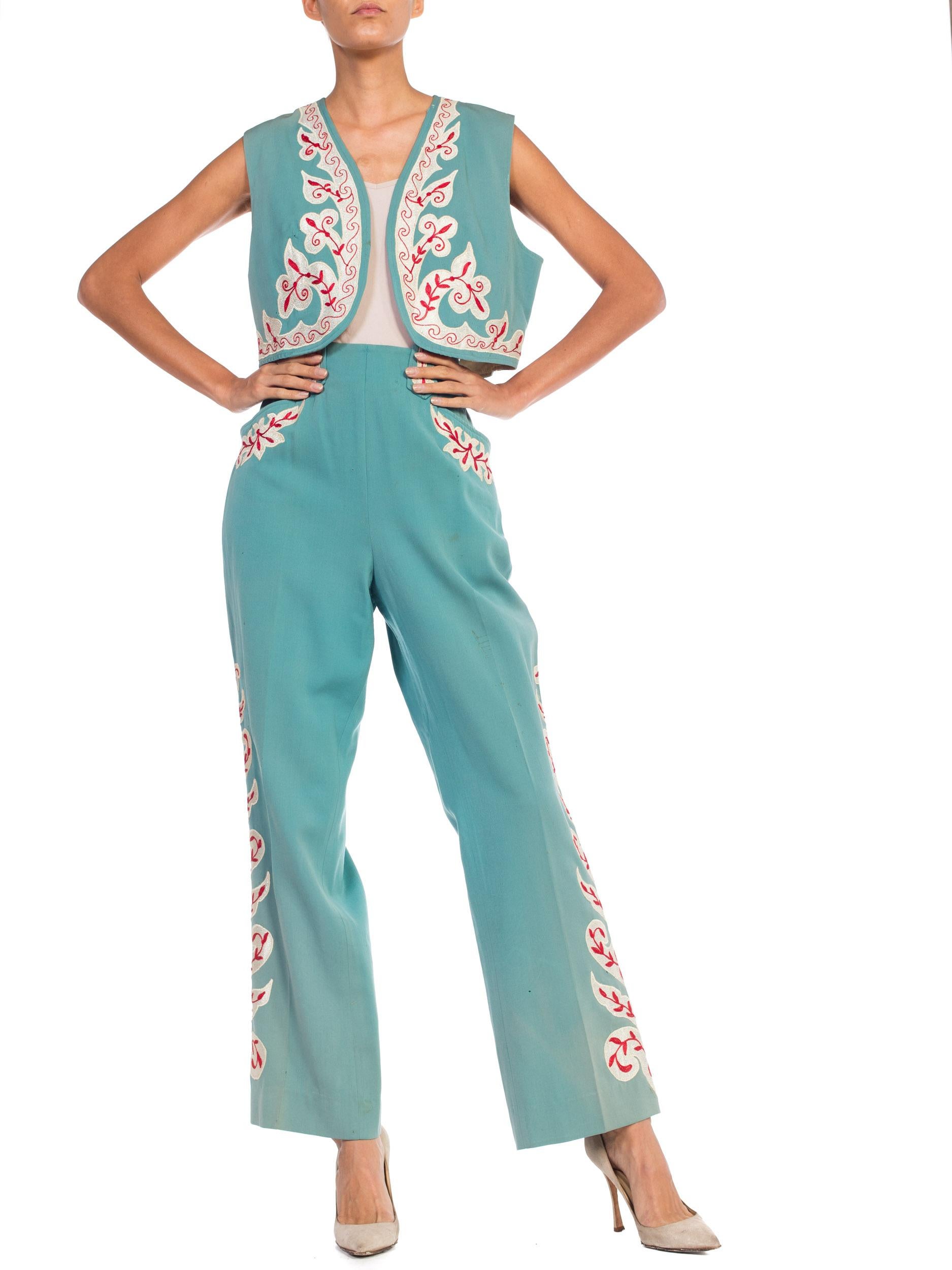 Women's 1940S Teal Wool Blend Embroidered Western Vest & Pants Ensemble