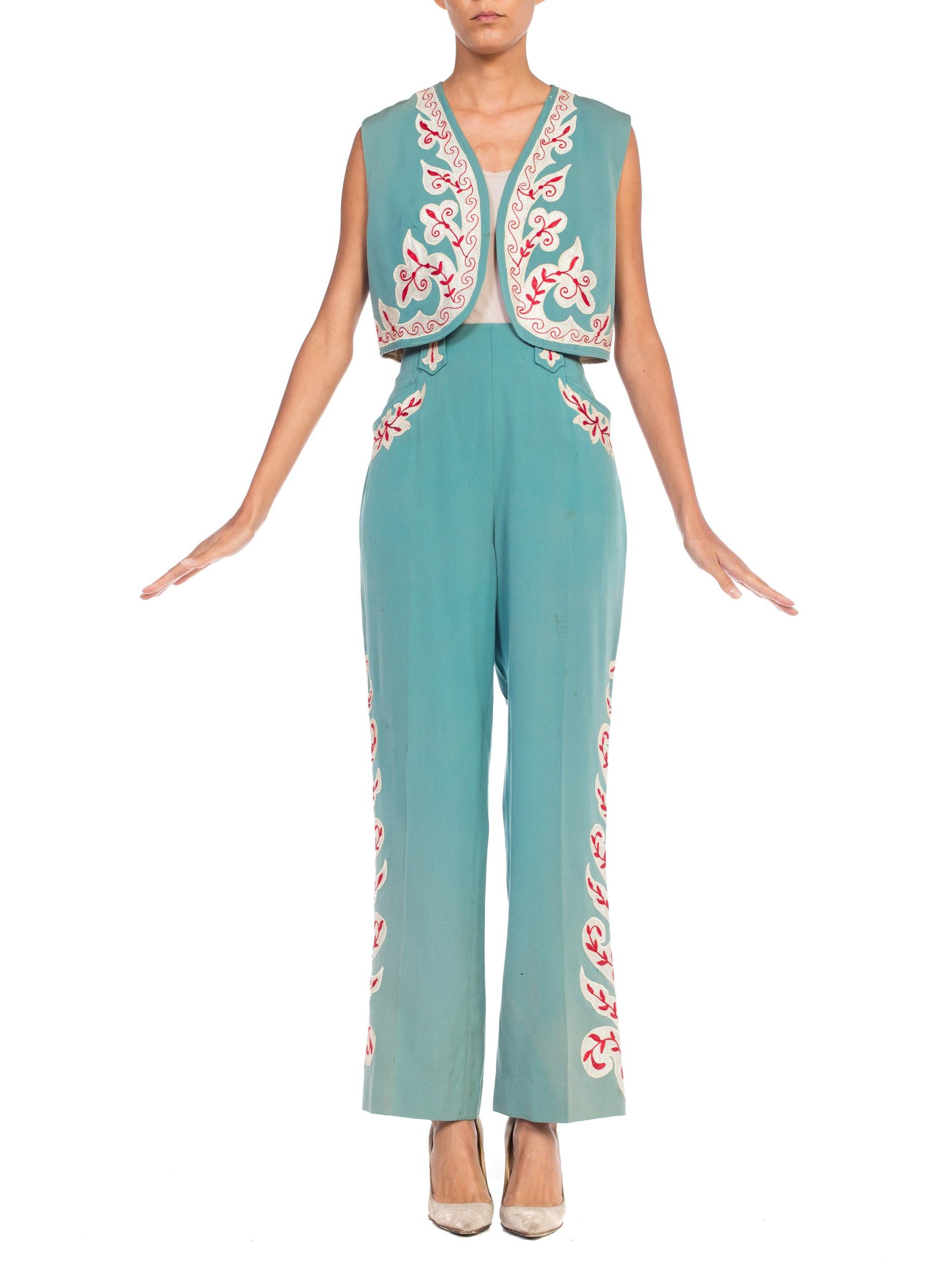 1940S Teal Wool Blend Embroidered Western Vest & Pants Ensemble 6