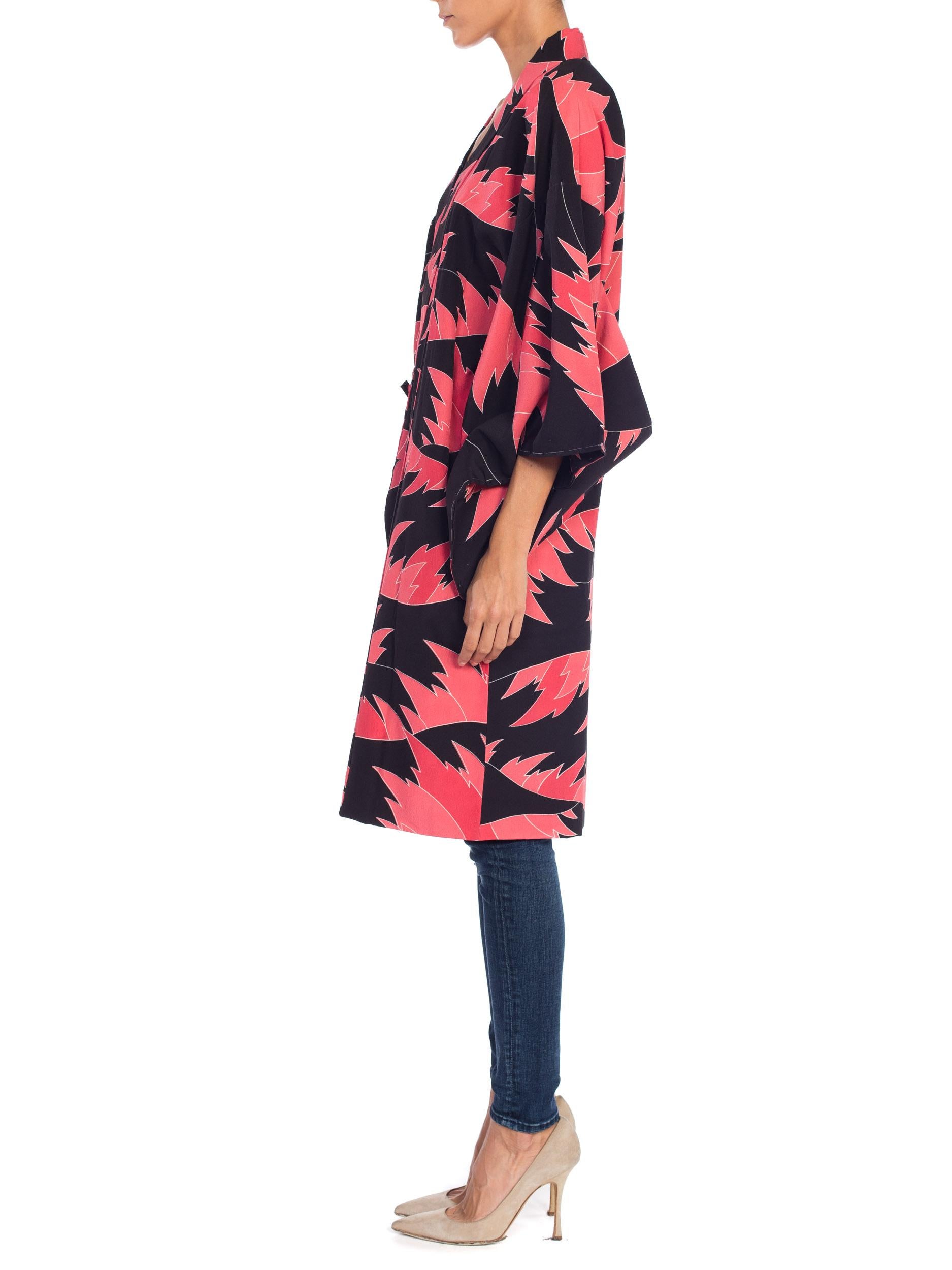 Black & Salmon Pink Japanese Silk Kimono 1