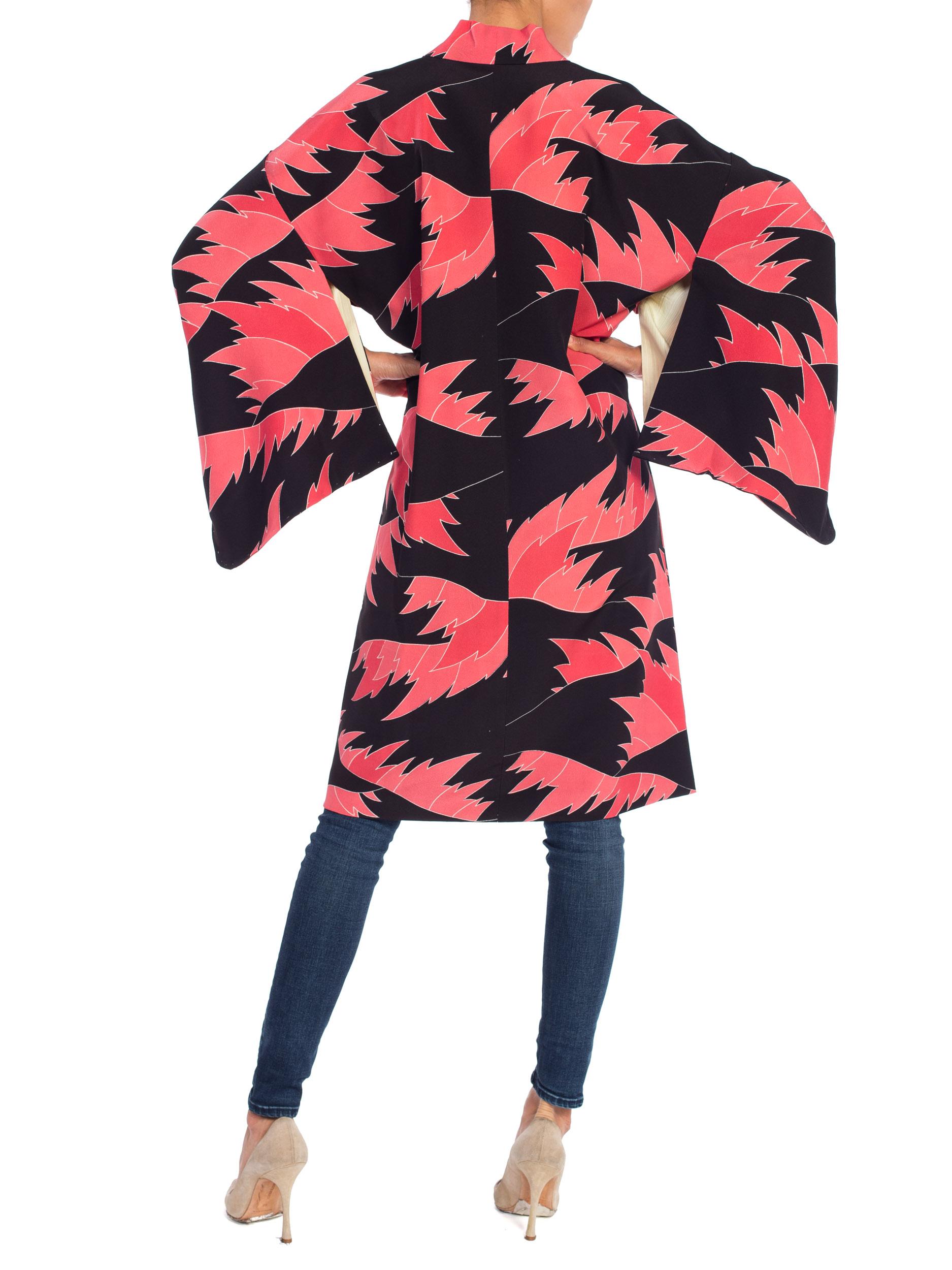 Black & Salmon Pink Japanese Silk Kimono 3