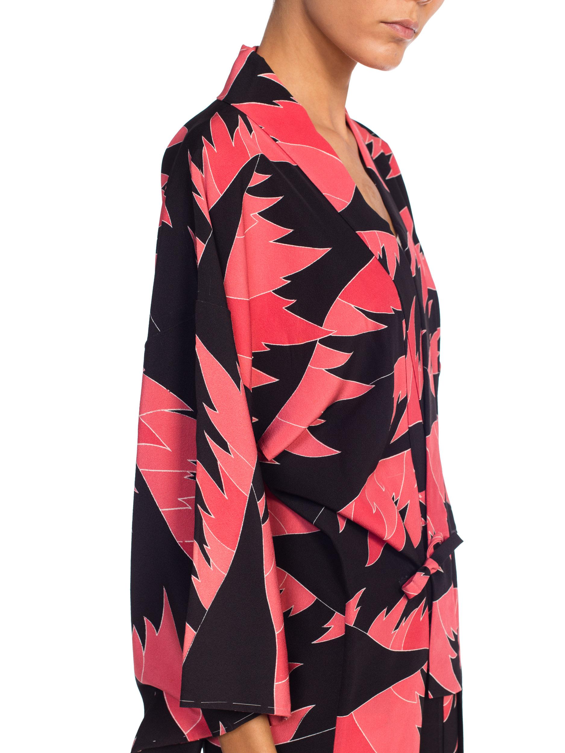 Brown Black & Salmon Pink Japanese Silk Kimono