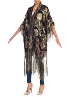 MORPHEW COLLECTION Floral Gold Lamé Kimono With Antique Trim & Silk Fringe