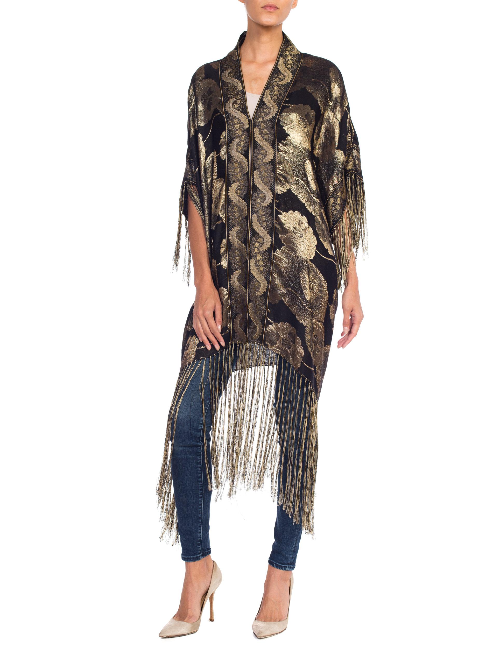 Black MORPHEW COLLECTION Floral Gold Lamé Kimono With Antique Trim & Silk Fringe