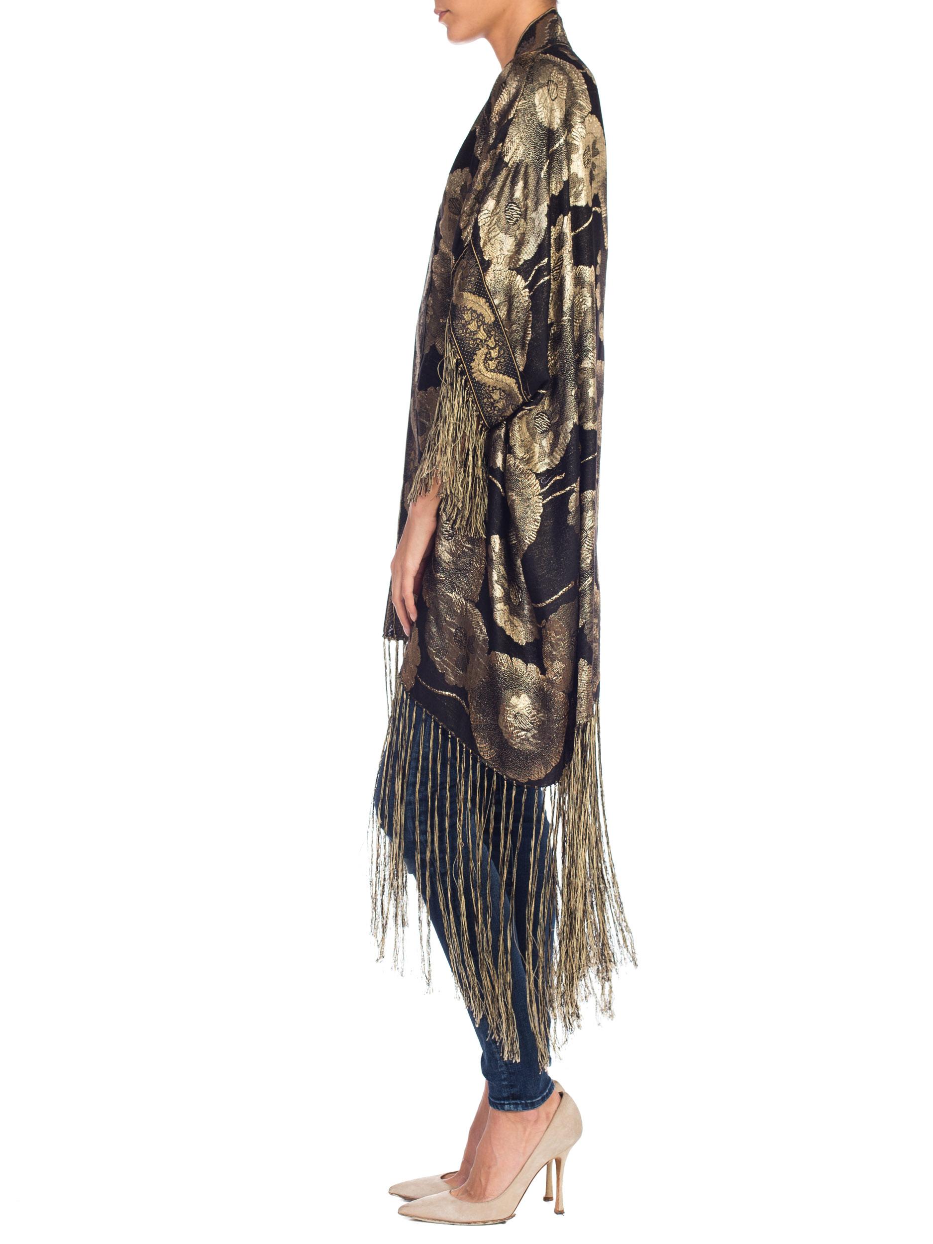 MORPHEW COLLECTION Floral Gold Lamé Kimono With Antique Trim & Silk Fringe 3