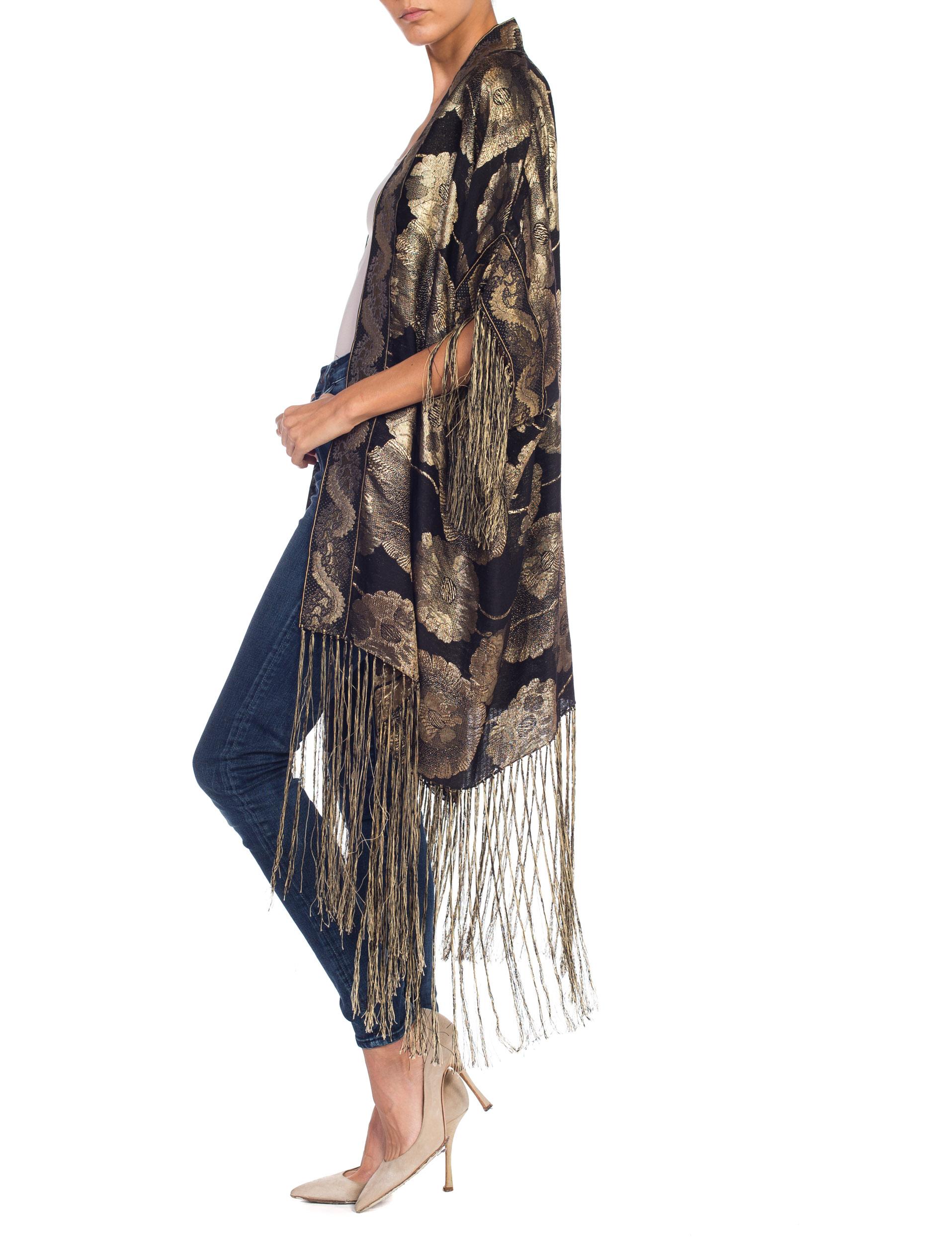 MORPHEW COLLECTION Floral Gold Lamé Kimono With Antique Trim & Silk Fringe 10