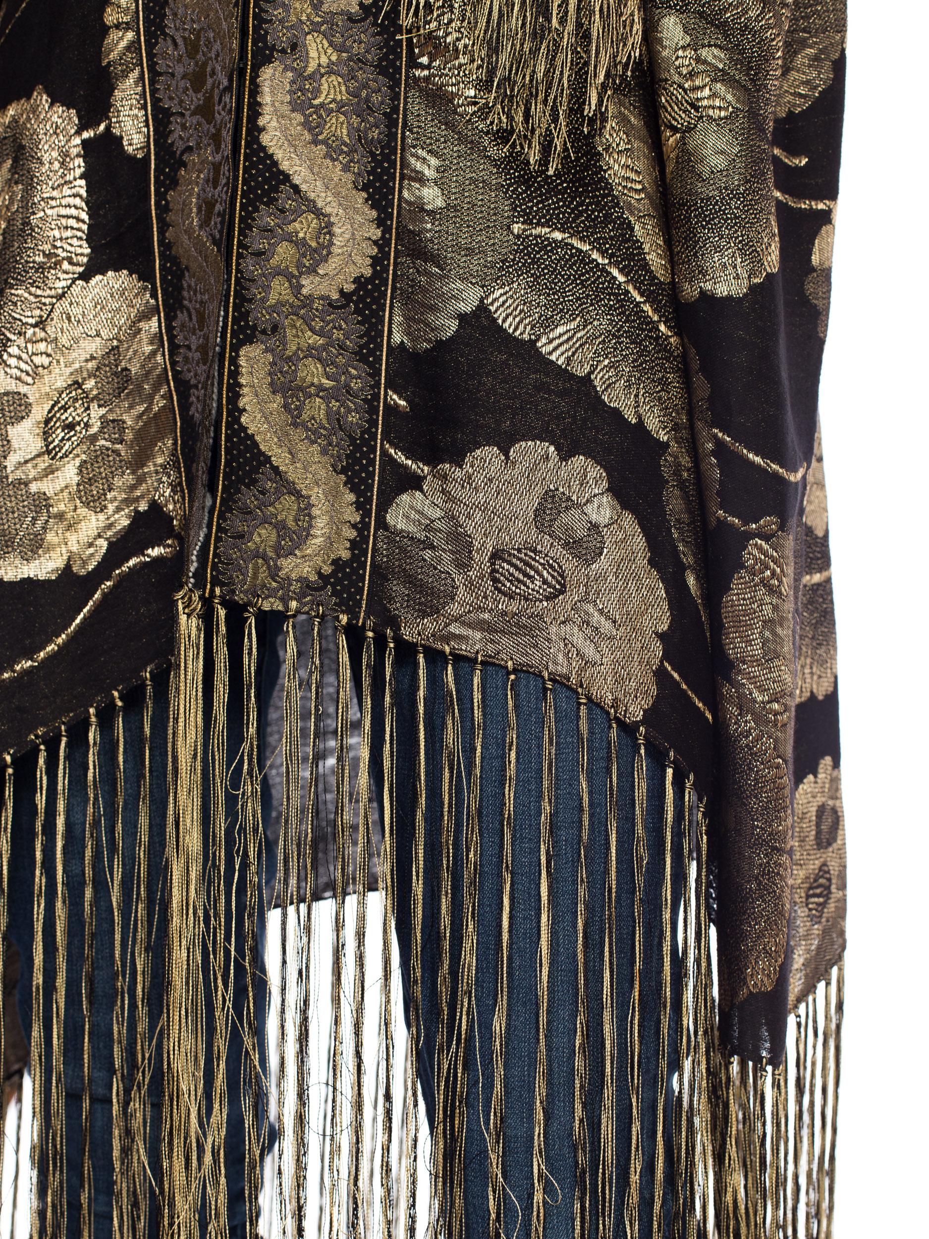 MORPHEW COLLECTION Floral Gold Lamé Kimono With Antique Trim & Silk Fringe In Excellent Condition In New York, NY