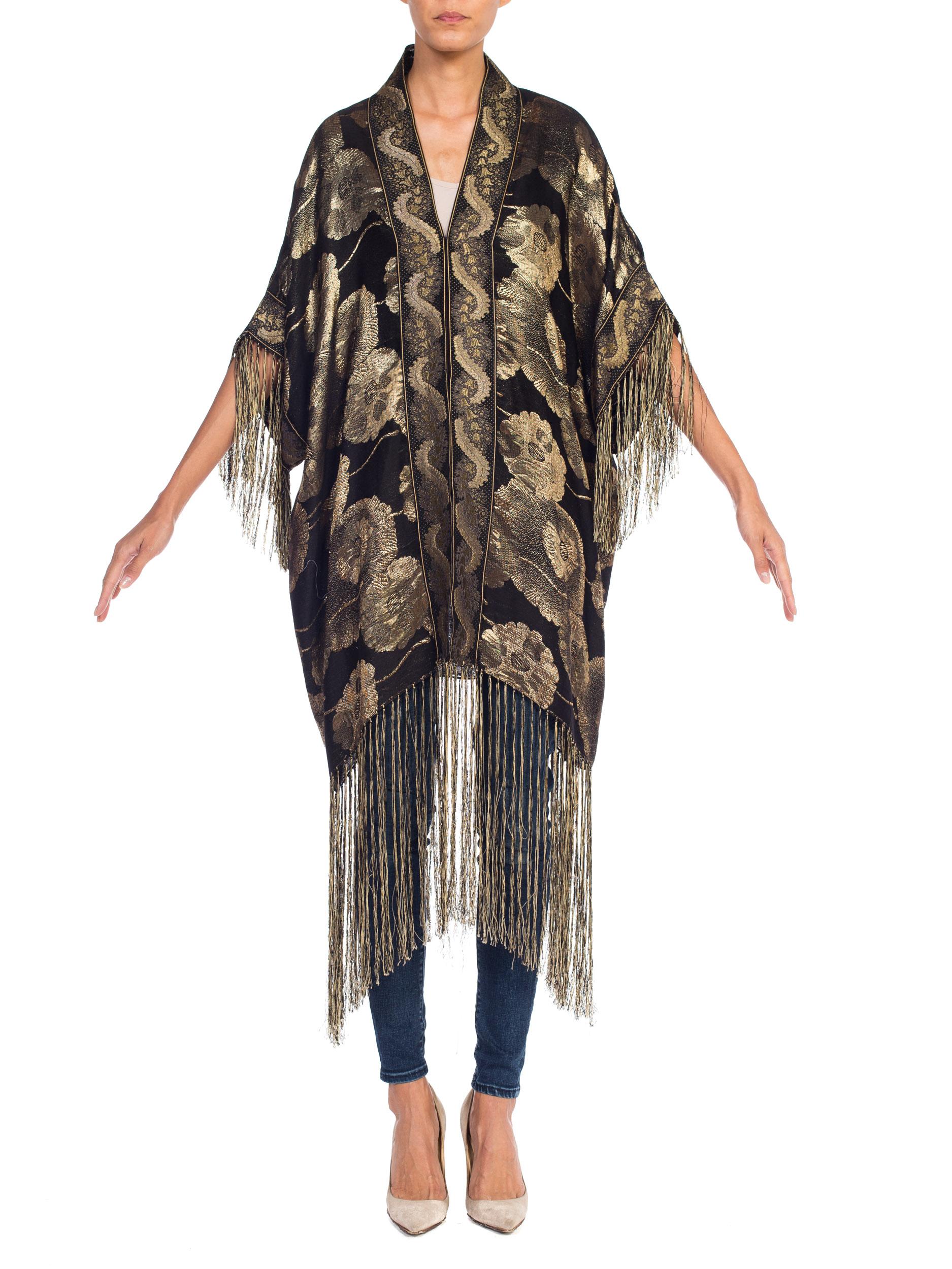 MORPHEW COLLECTION Floral Gold Lamé Kimono With Antique Trim & Silk Fringe 11