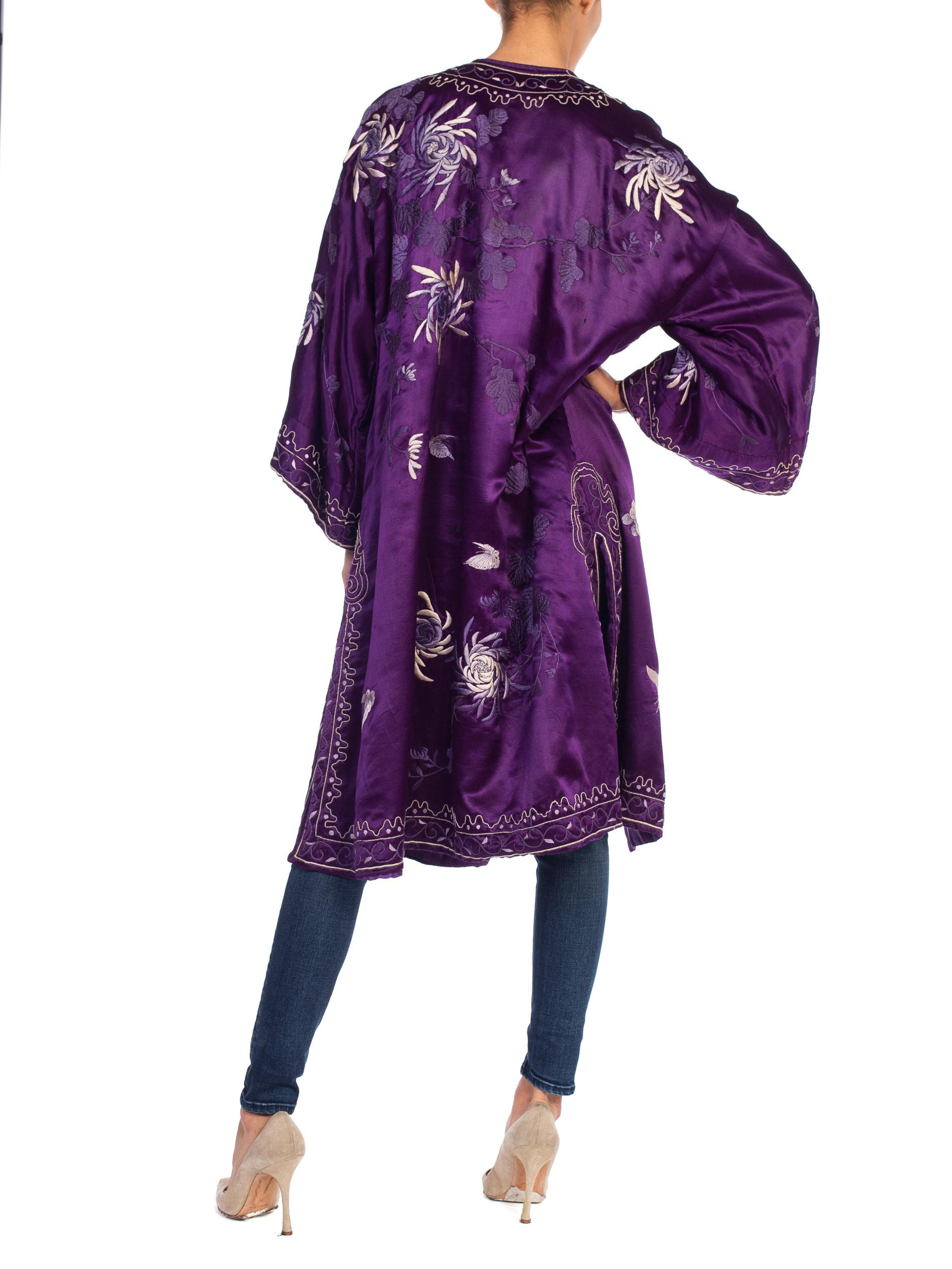 Victorian Purple Hand Embroidered Silk Satin Antique Chinese Kimono Robe Coat 1