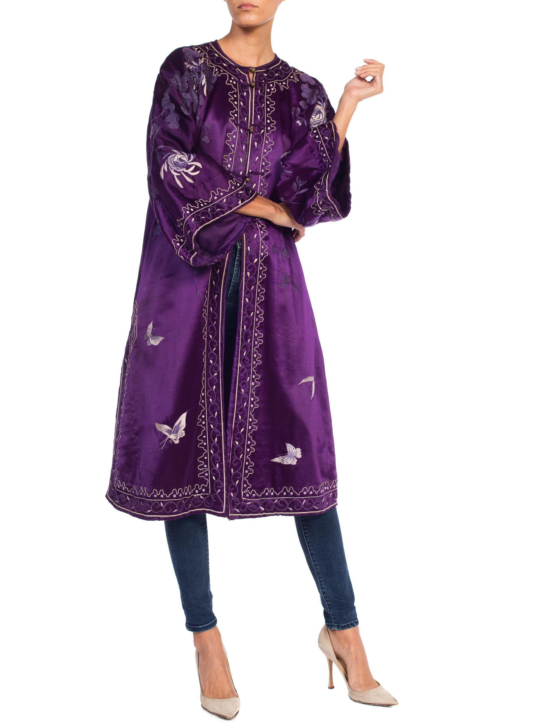 Victorian Purple Hand Embroidered Silk Satin Antique Chinese Kimono Robe Coat 3