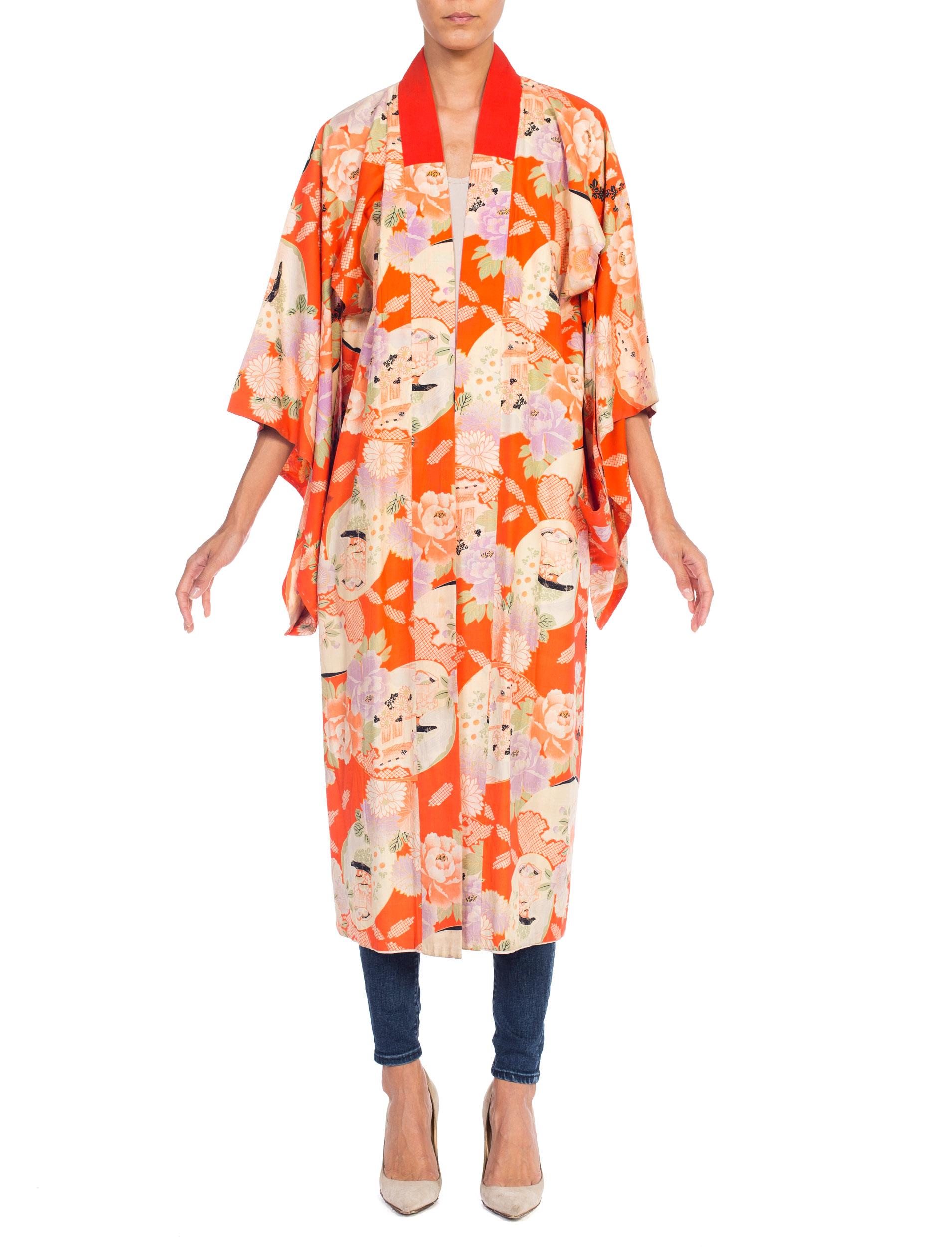 Mid-Century Japanese Silk Kimono in Orange In Fair Condition In New York, NY