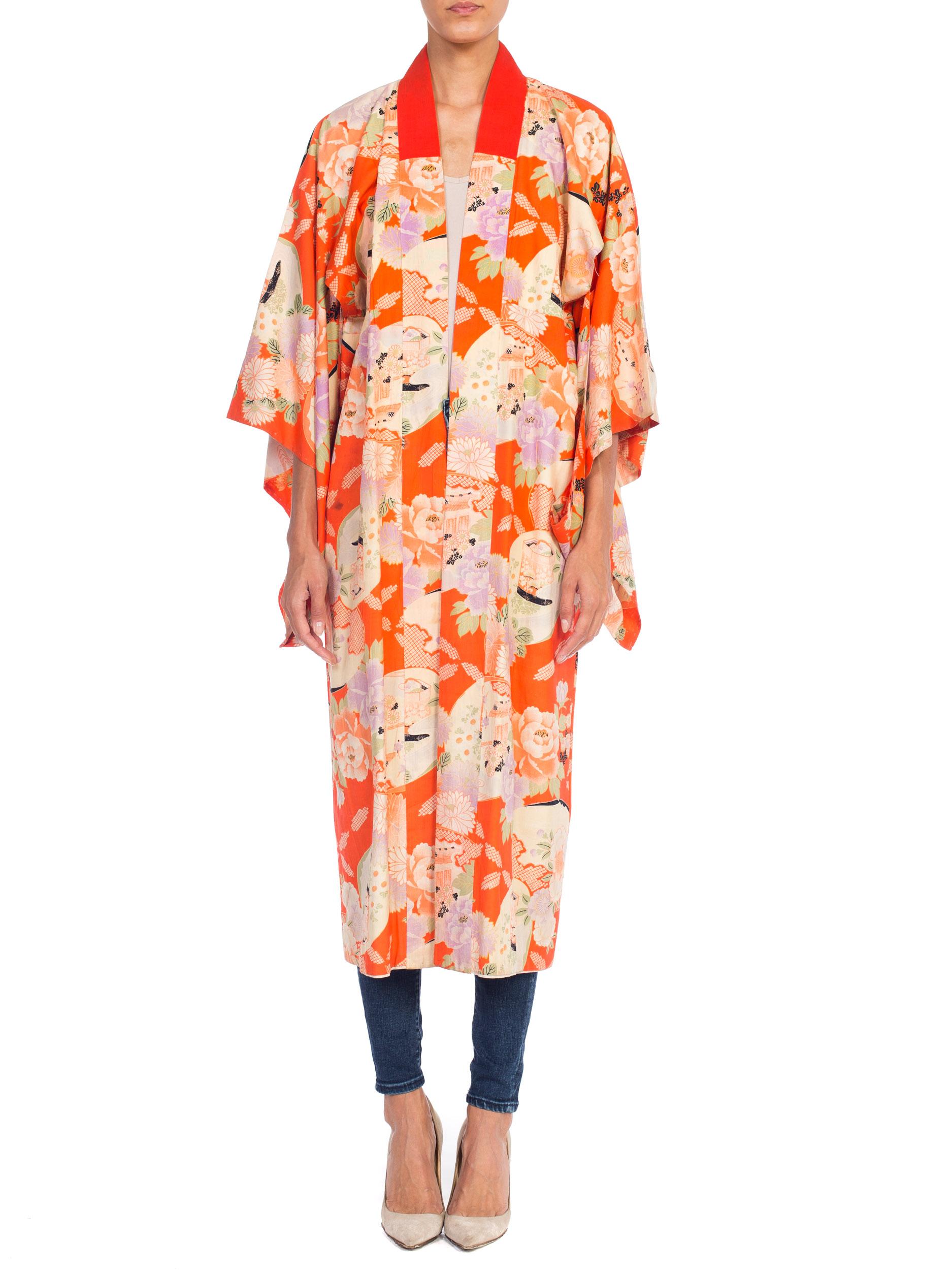 Japanischer Seidenkimono aus der Jahrhundertmitte in Orange Damen