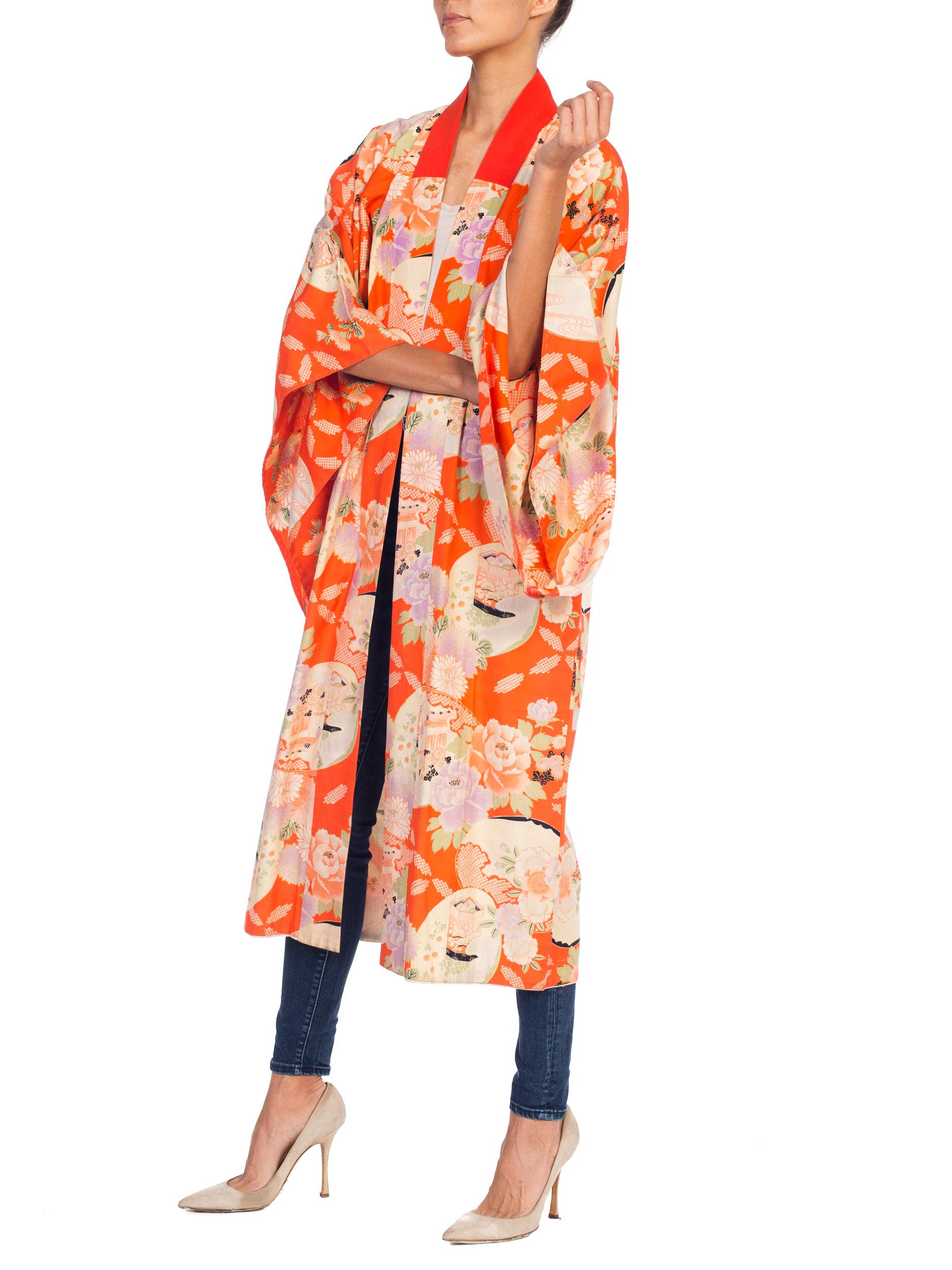 Mid-Century Japanese Silk Kimono in Orange 1