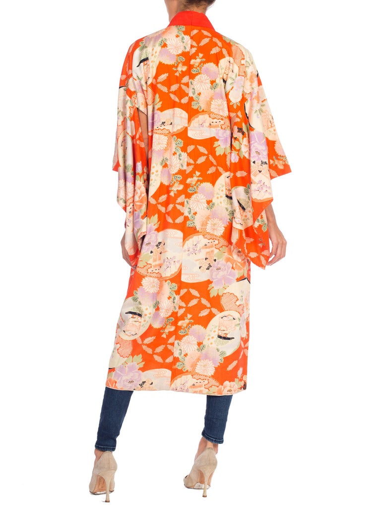 MidCentury Japanese Silk Kimono in Orange at 1stDibs