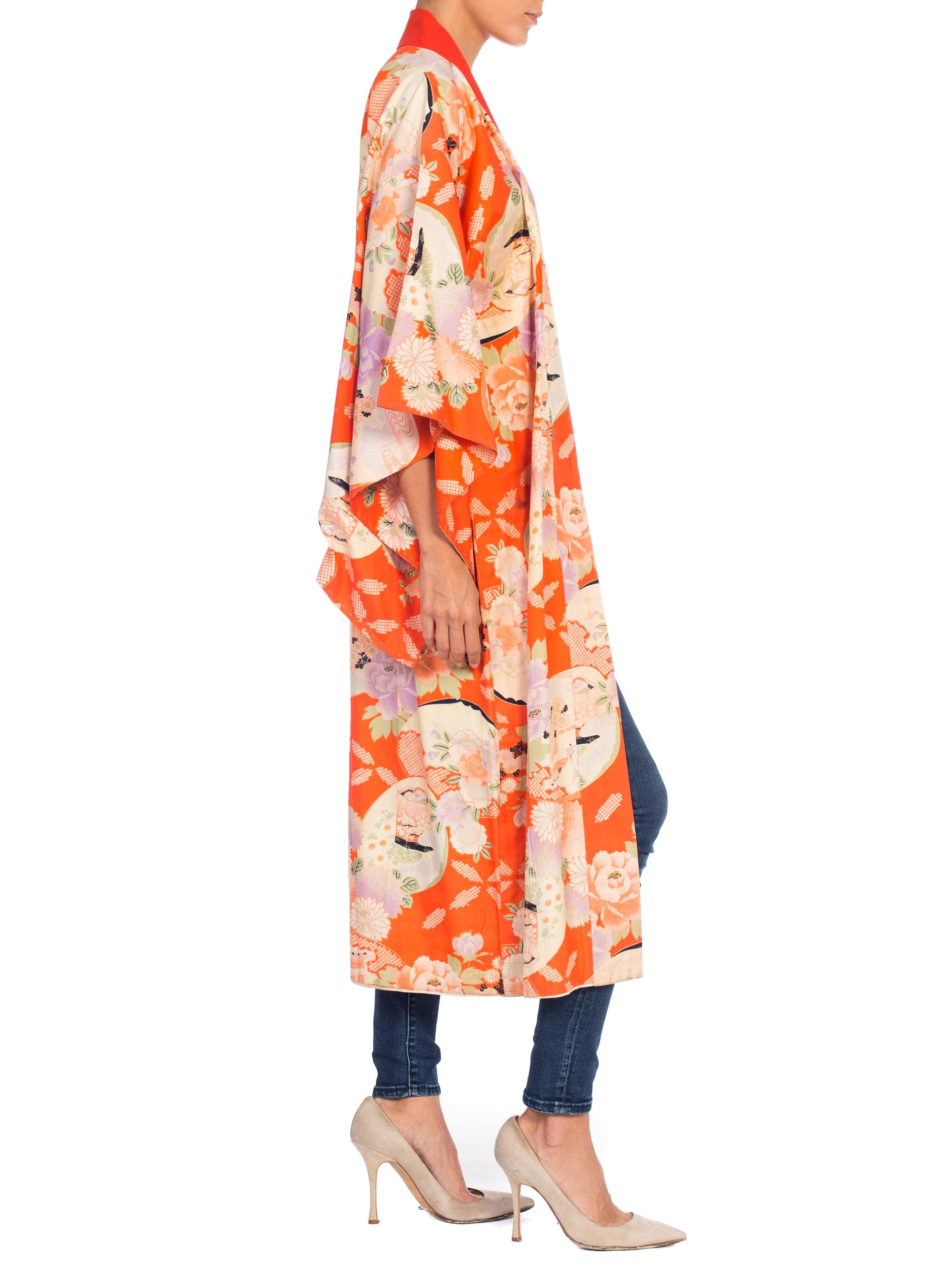 Mid-Century Japanese Silk Kimono in Orange 5