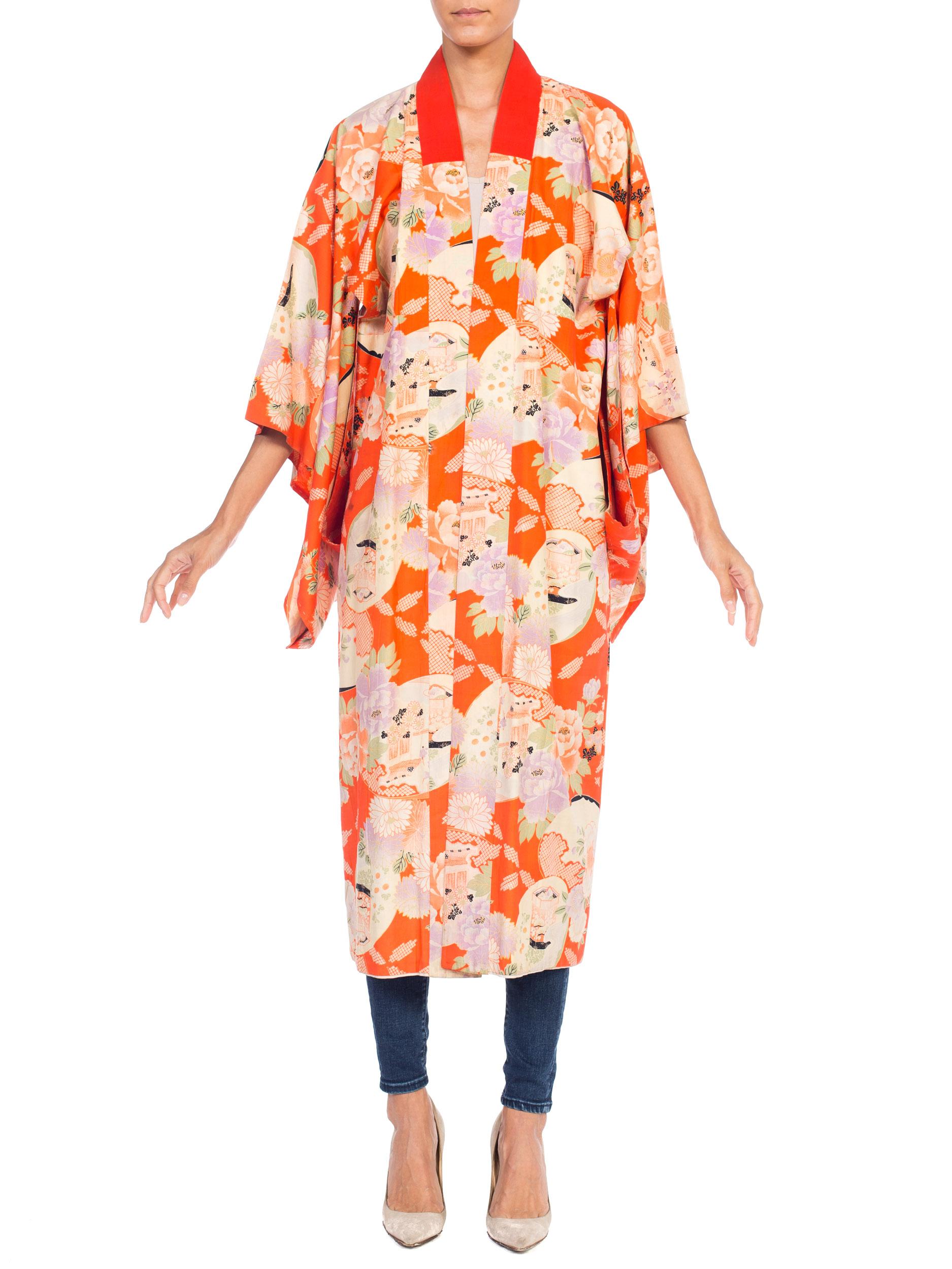 Mid-Century Japanese Silk Kimono in Orange 11