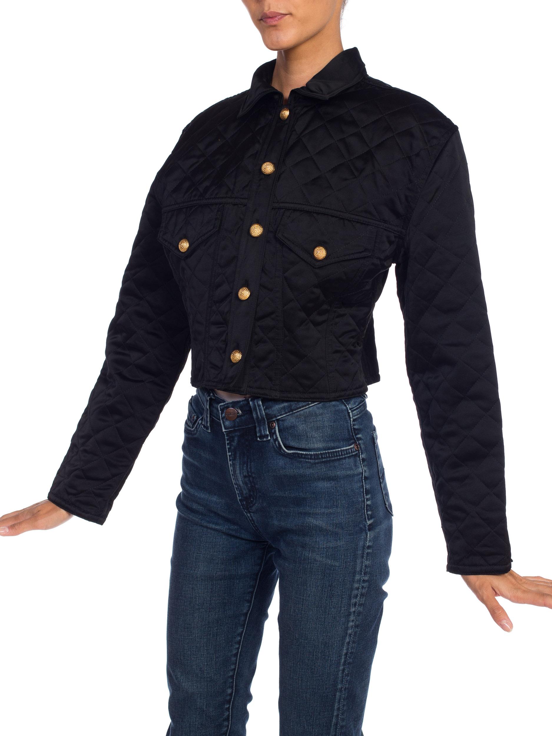 1990s Quilted Versace Style Cropped Satin Jean Jacket In Good Condition In New York, NY