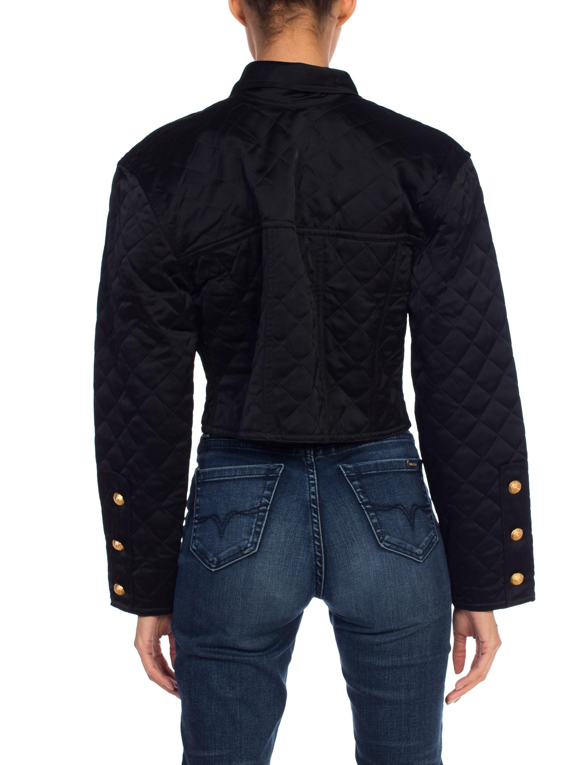 1990s Quilted Versace Style Cropped Satin Jean Jacket 2