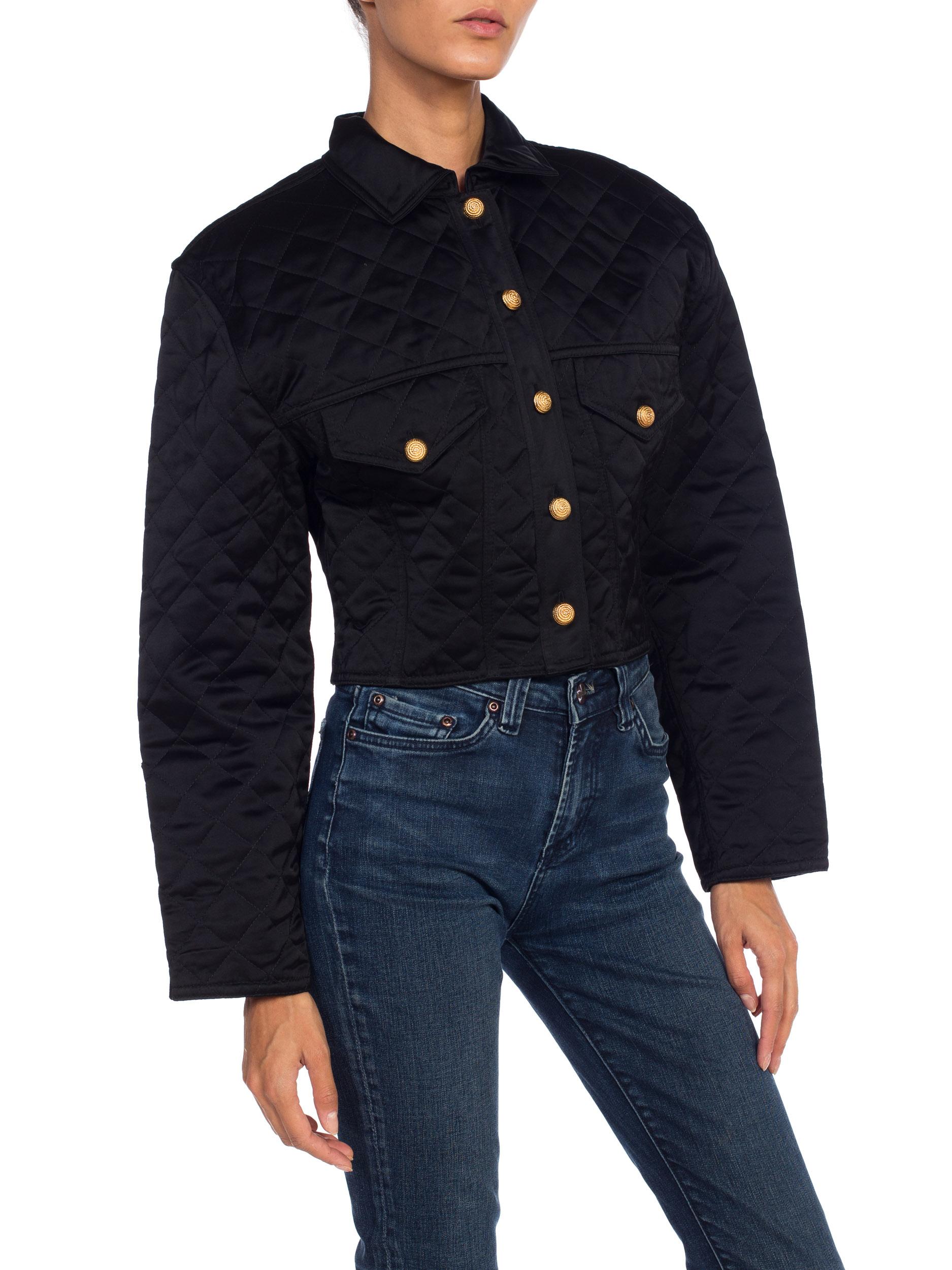 1990s Quilted Versace Style Cropped Satin Jean Jacket 3