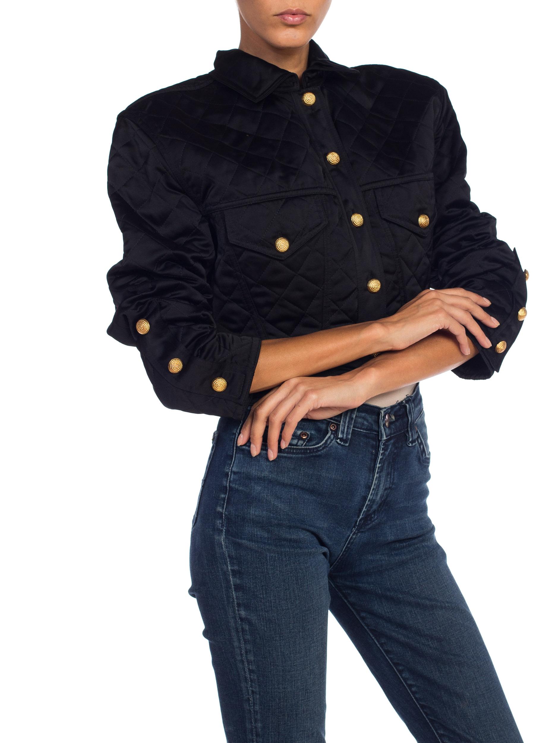 1990s Quilted Versace Style Cropped Satin Jean Jacket 4