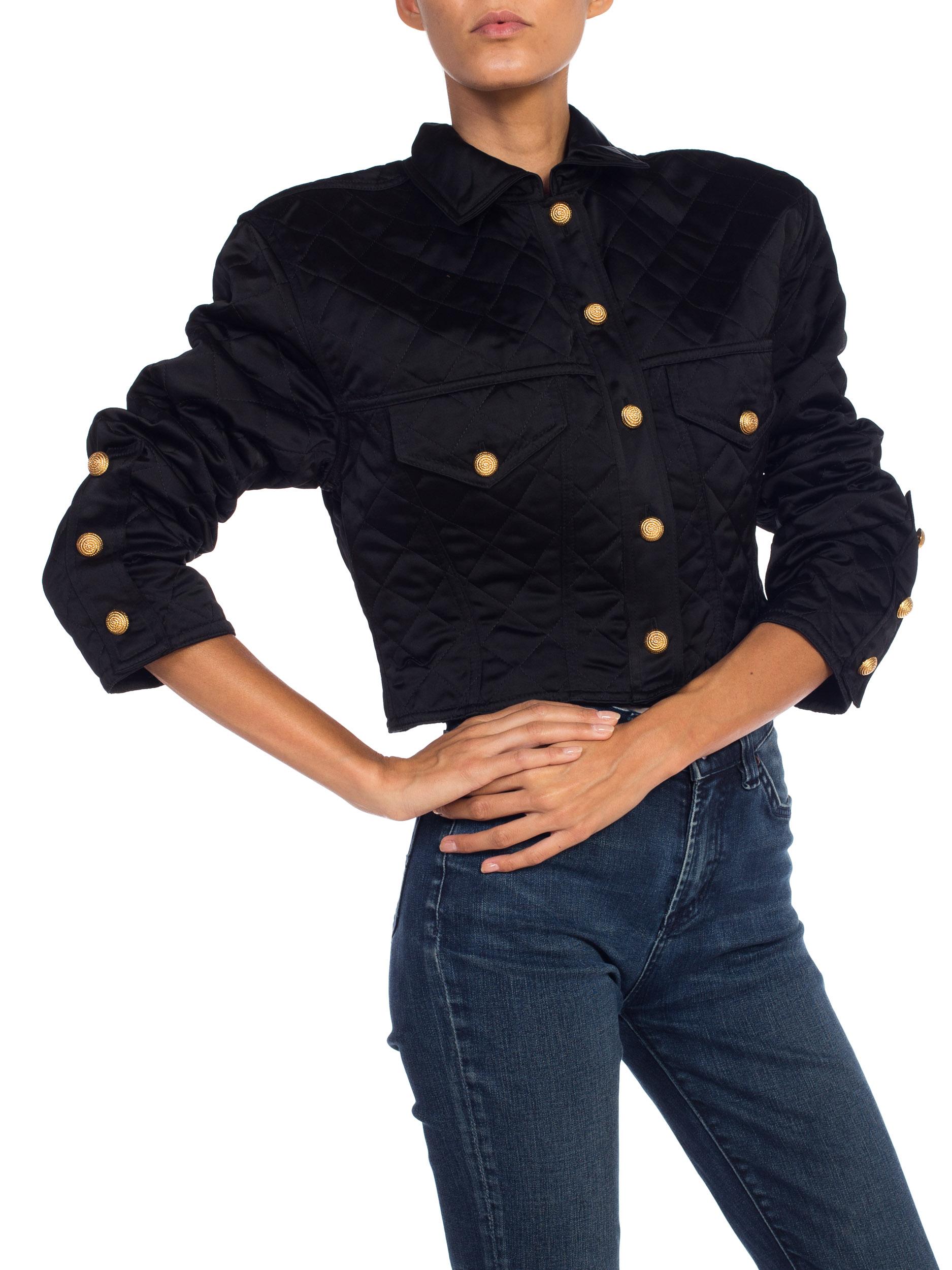 1990s Quilted Versace Style Cropped Satin Jean Jacket 5