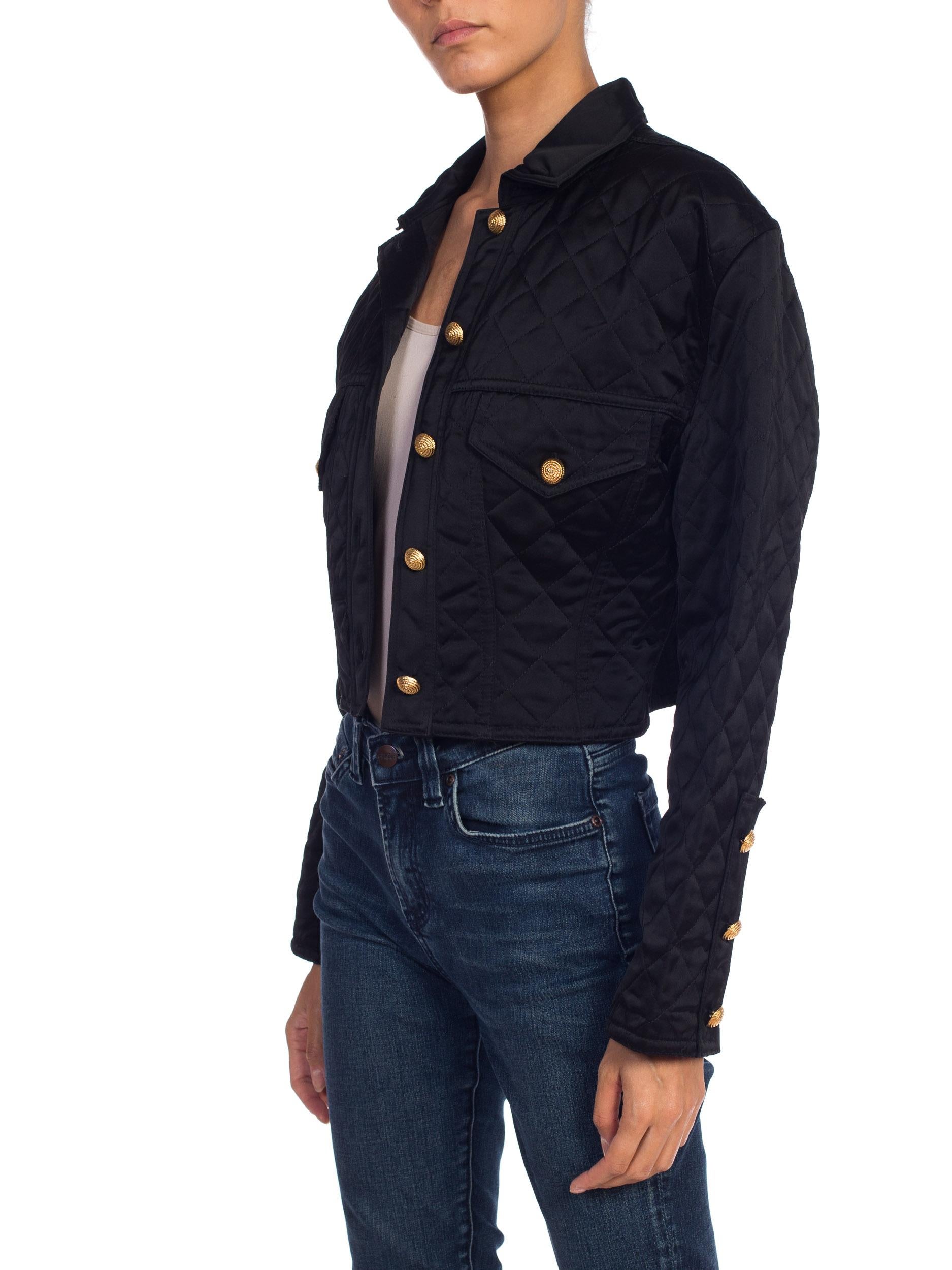 1990s Quilted Versace Style Cropped Satin Jean Jacket 8