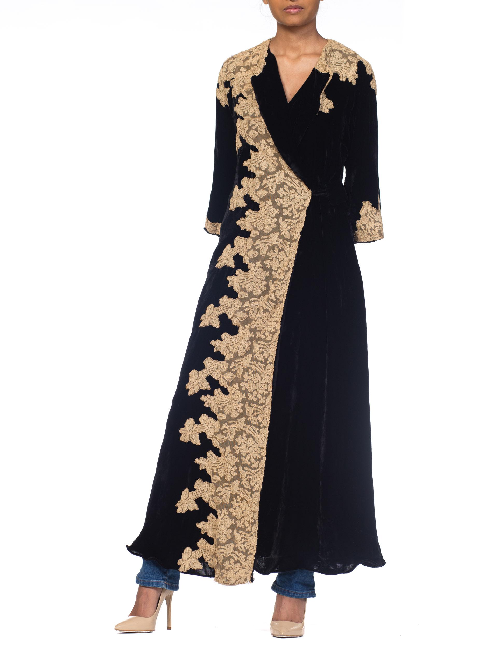 1920S Black Silk Velvet  Robe With Nude Lace Appliqué 9
