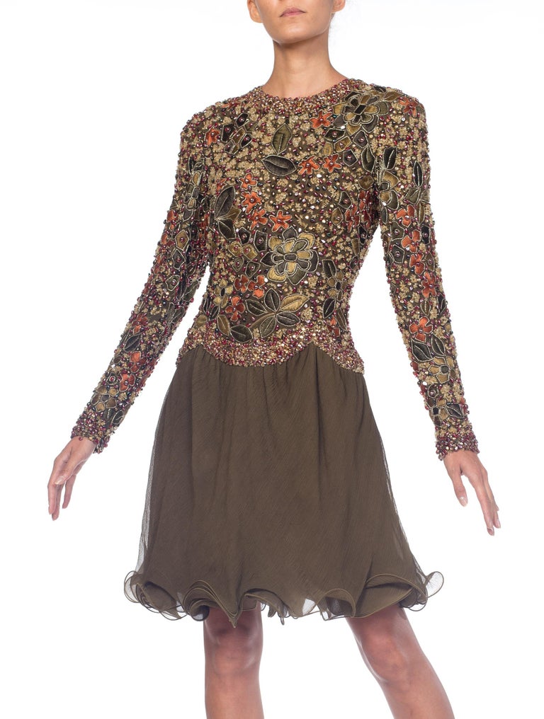 1990S Olive Green Silk Mousseline Long Sleeve Mini Cocktail Dress Embroidered & Beaded With Real Citrine Crystals