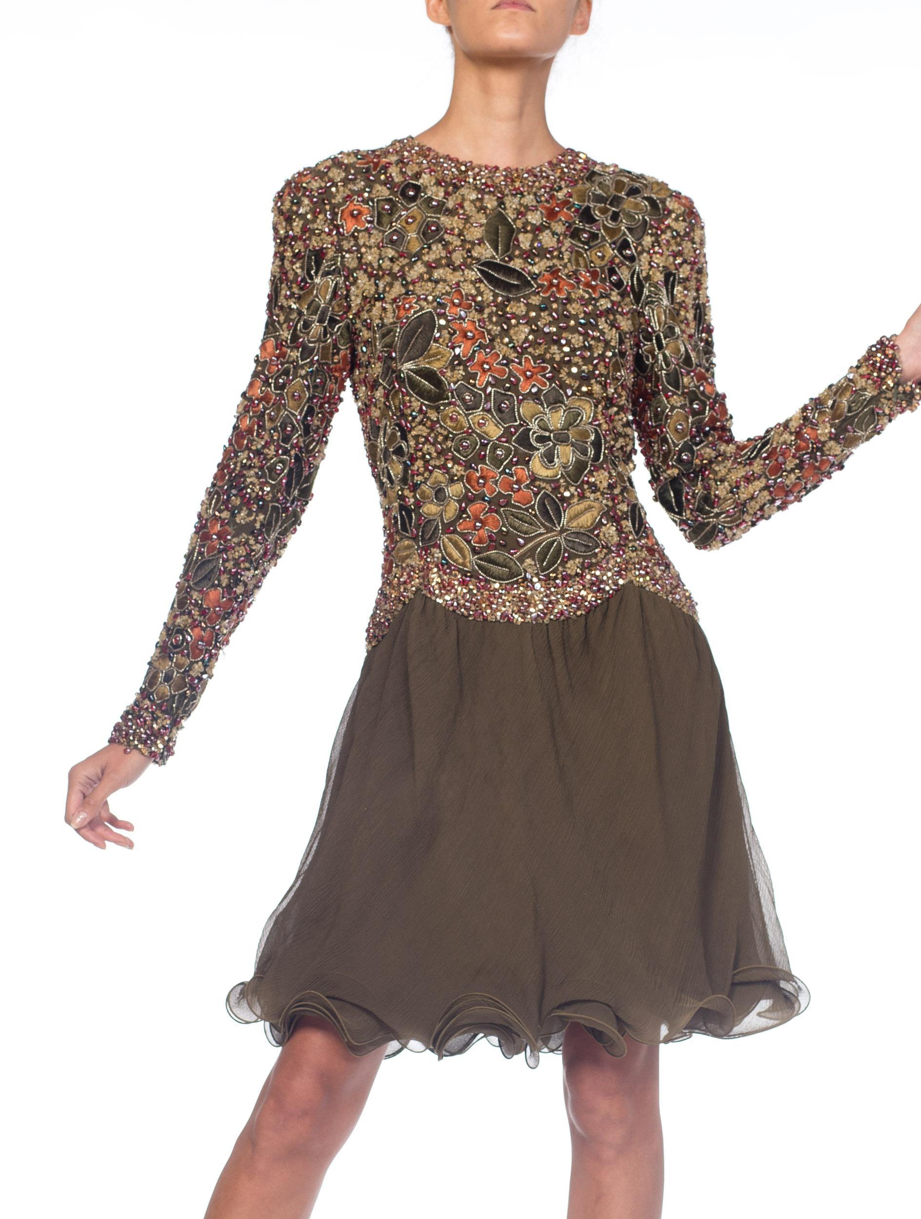 Women's 1990S Olive Green Silk Mousseline Long Sleeve Mini Cocktail Dress Embroidered & For Sale