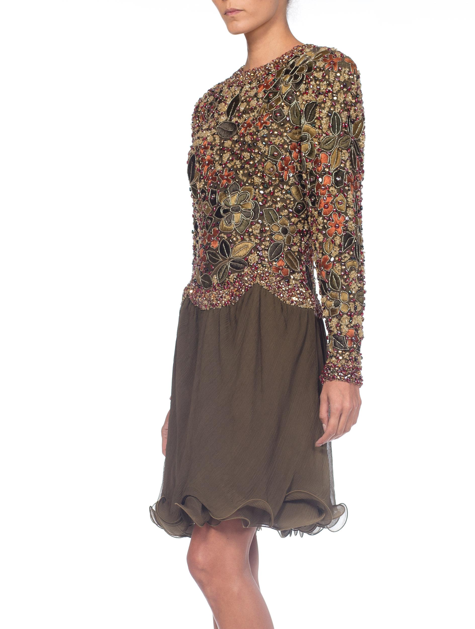 1990S Olive Green Silk Mousseline Long Sleeve Mini Cocktail Dress Embroidered & For Sale 1