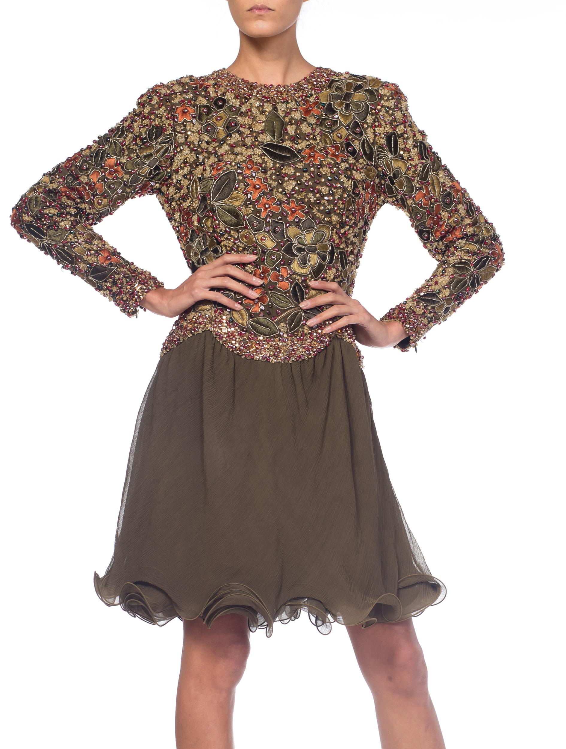 1990S Olive Green Silk Mousseline Long Sleeve Mini Cocktail Dress Embroidered & For Sale 6