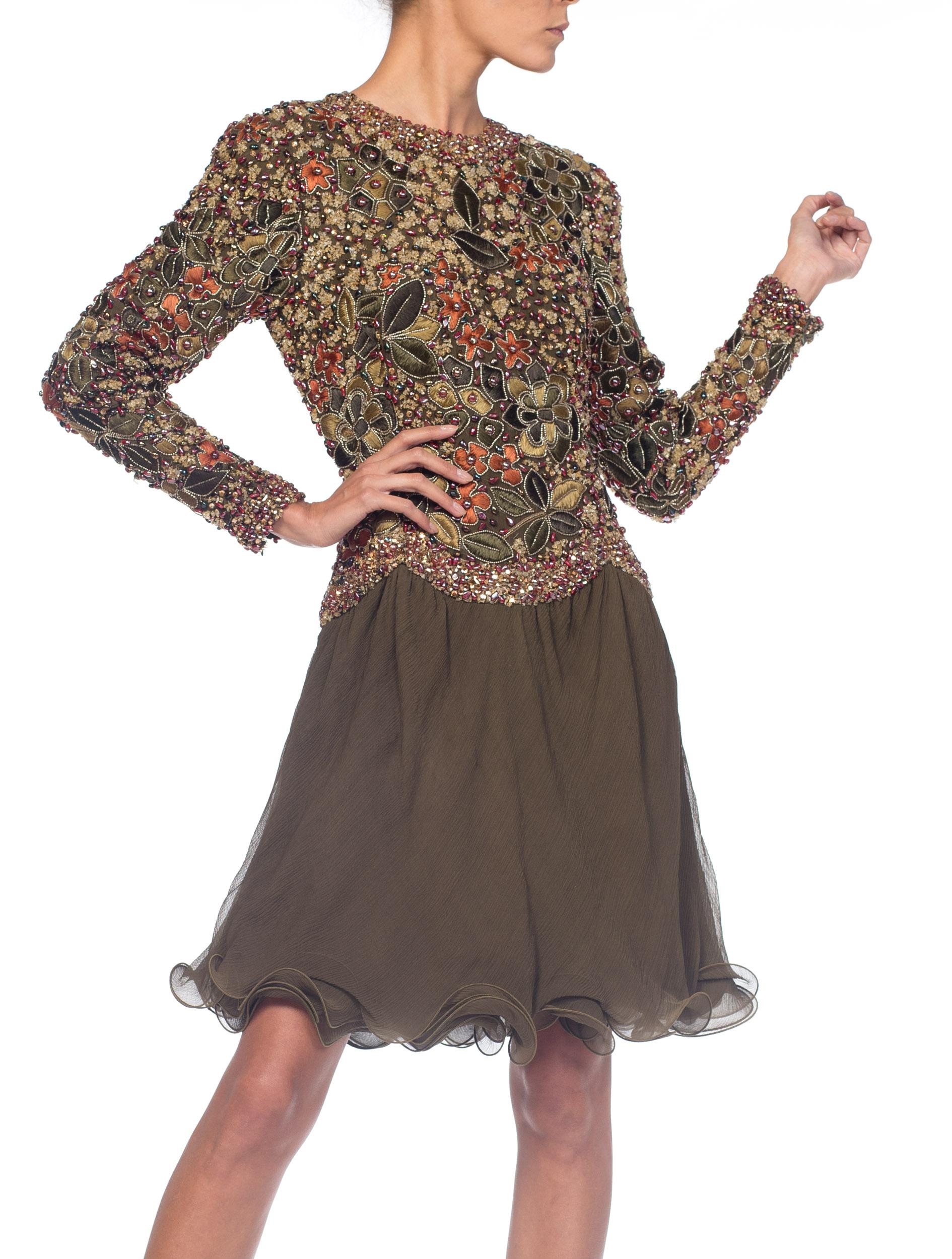 1990S Olive Green Silk Mousseline Long Sleeve Mini Cocktail Dress Embroidered & For Sale 7