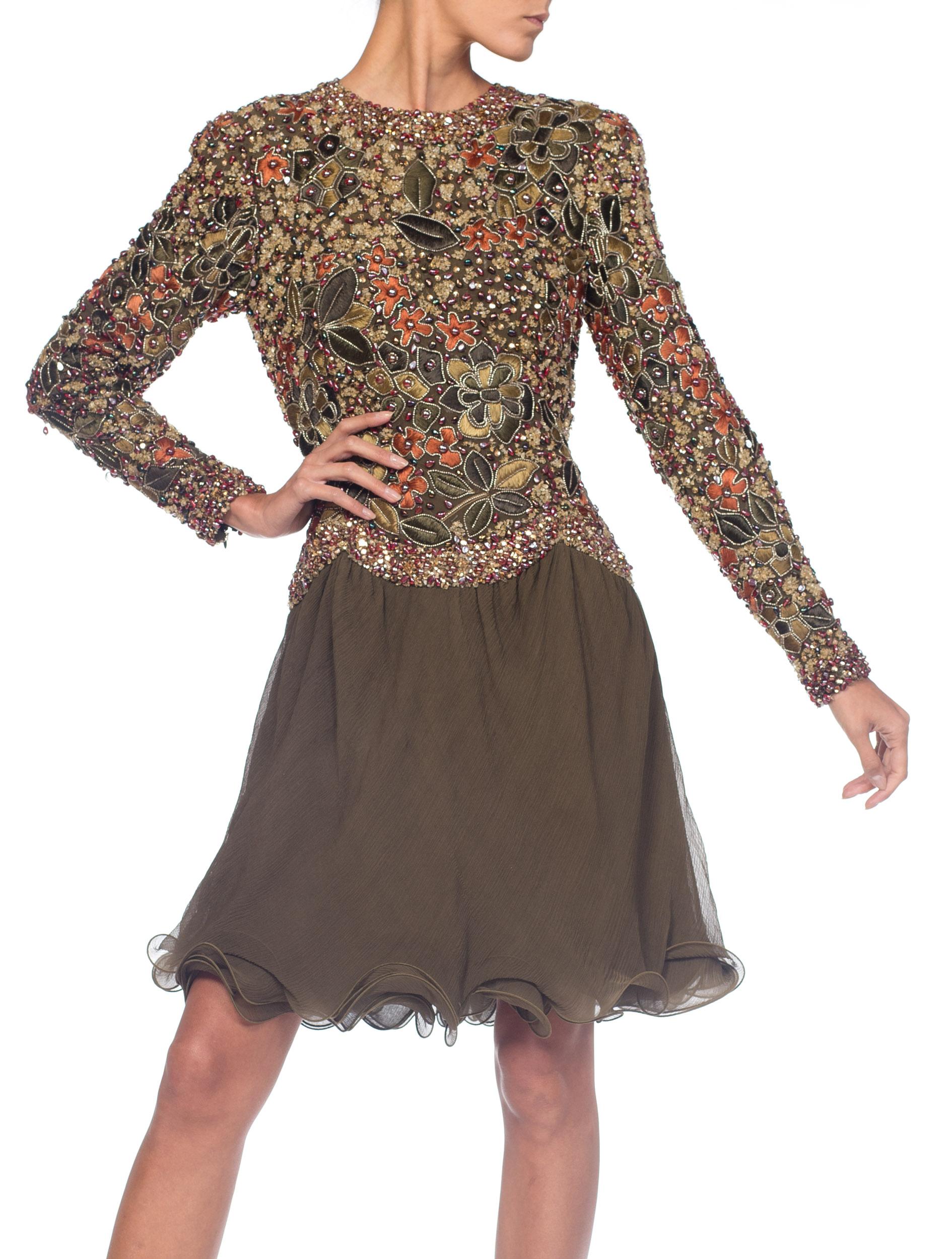 1990S Olive Green Silk Mousseline Long Sleeve Mini Cocktail Dress Embroidered & For Sale 8
